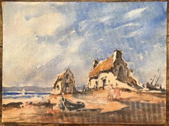 French Impressionist Watercolor of Figures Walking Towards a Coastal Cottages