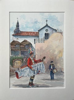 Fein detailliertes Aquarell einer spanischen Festivalszene mit Kirche und Darsteller
