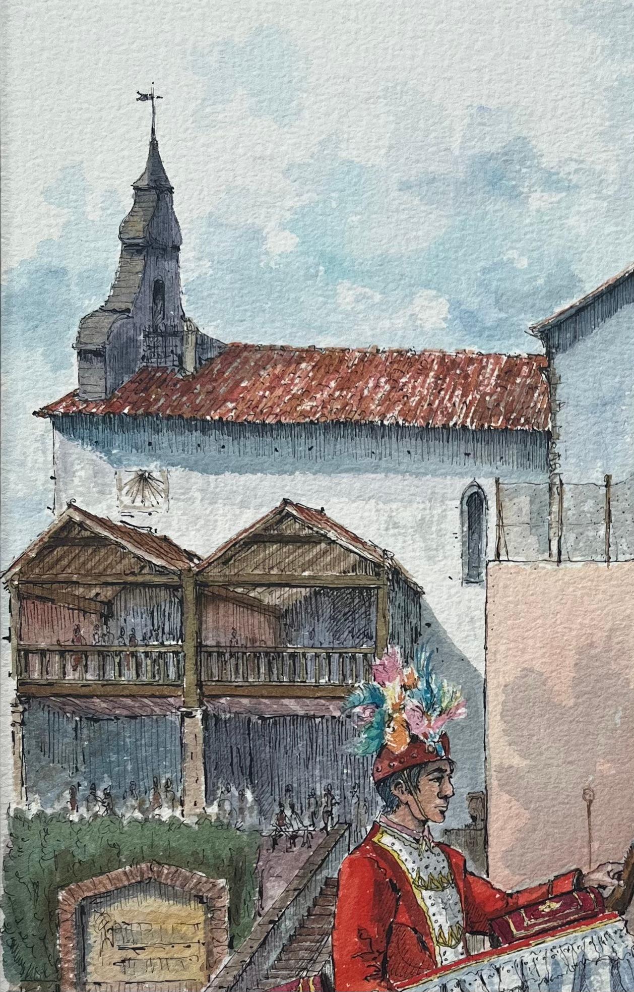 Finely Detailed Watercolor of a Spanish Festival Scene with Church and Performer - French School Painting by Robert Lepine (1929 - 2017)