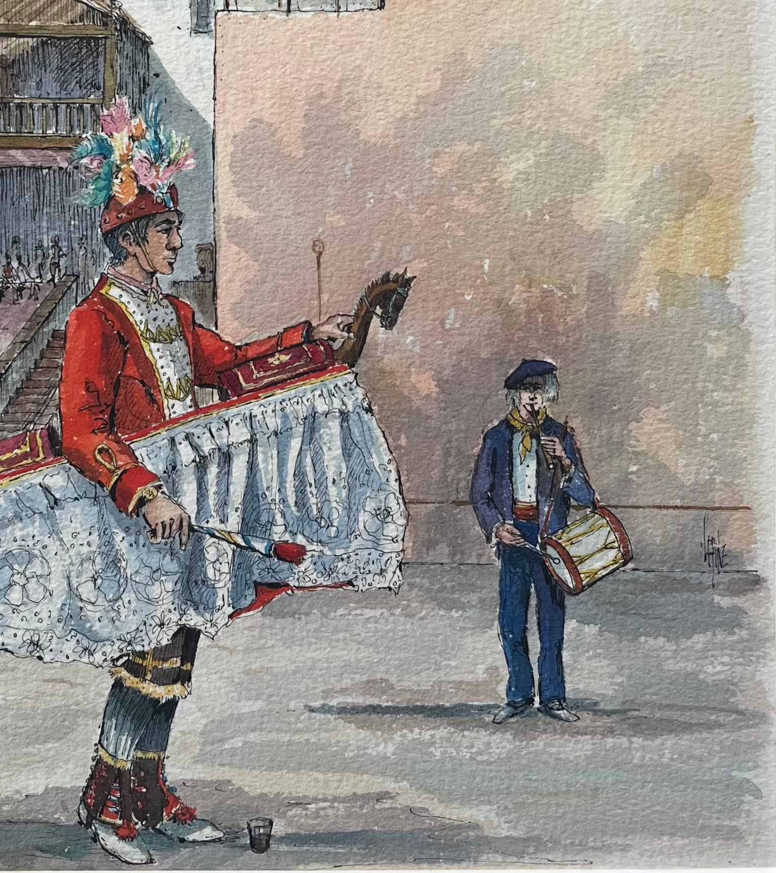 Finely Detailed Watercolor of a Spanish Festival Scene with Church and Performer - Gray Landscape Painting by Robert Lepine (1929 - 2017)