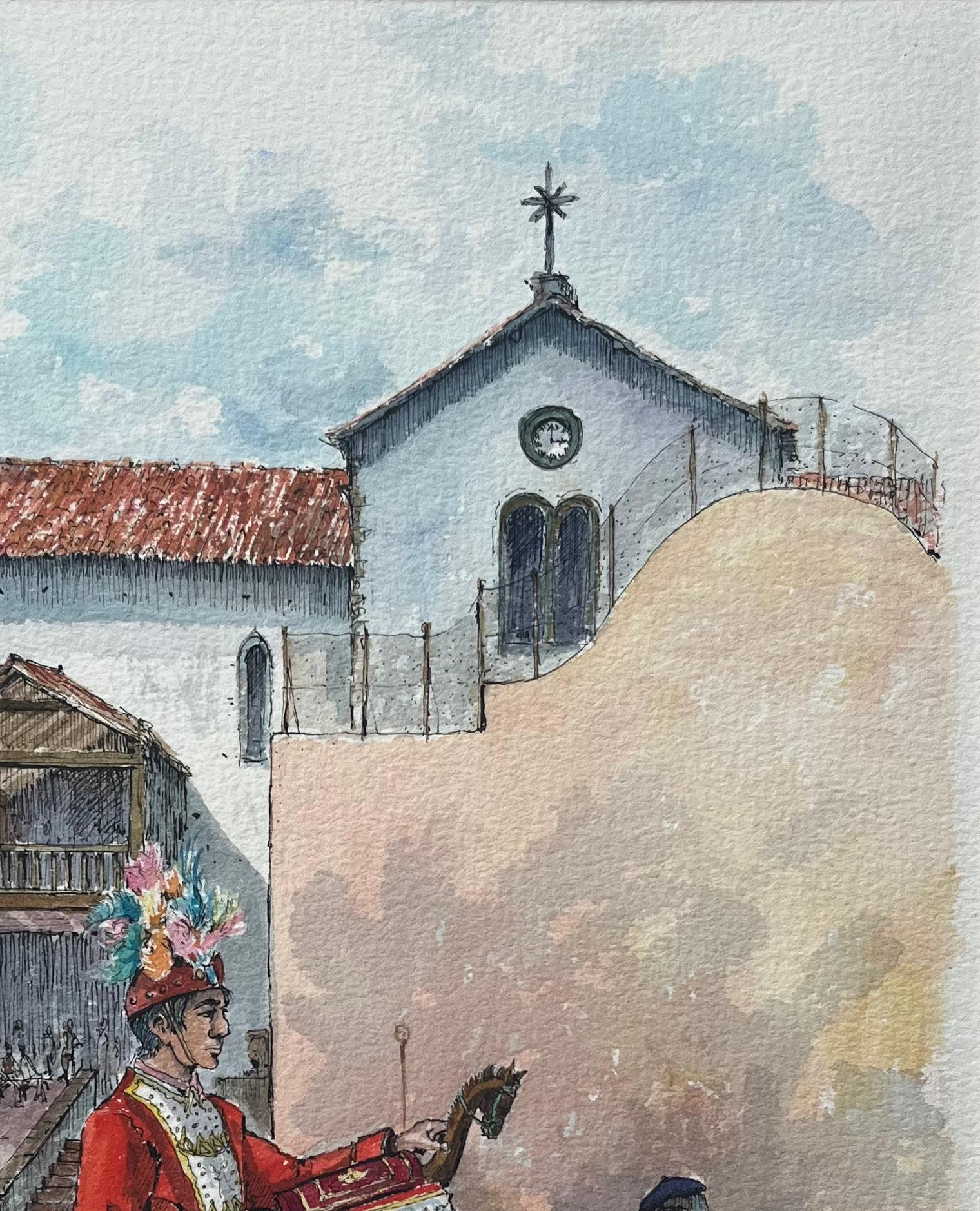 Finely Detailed Watercolor of a Spanish Festival Scene with Church and Performer For Sale 1