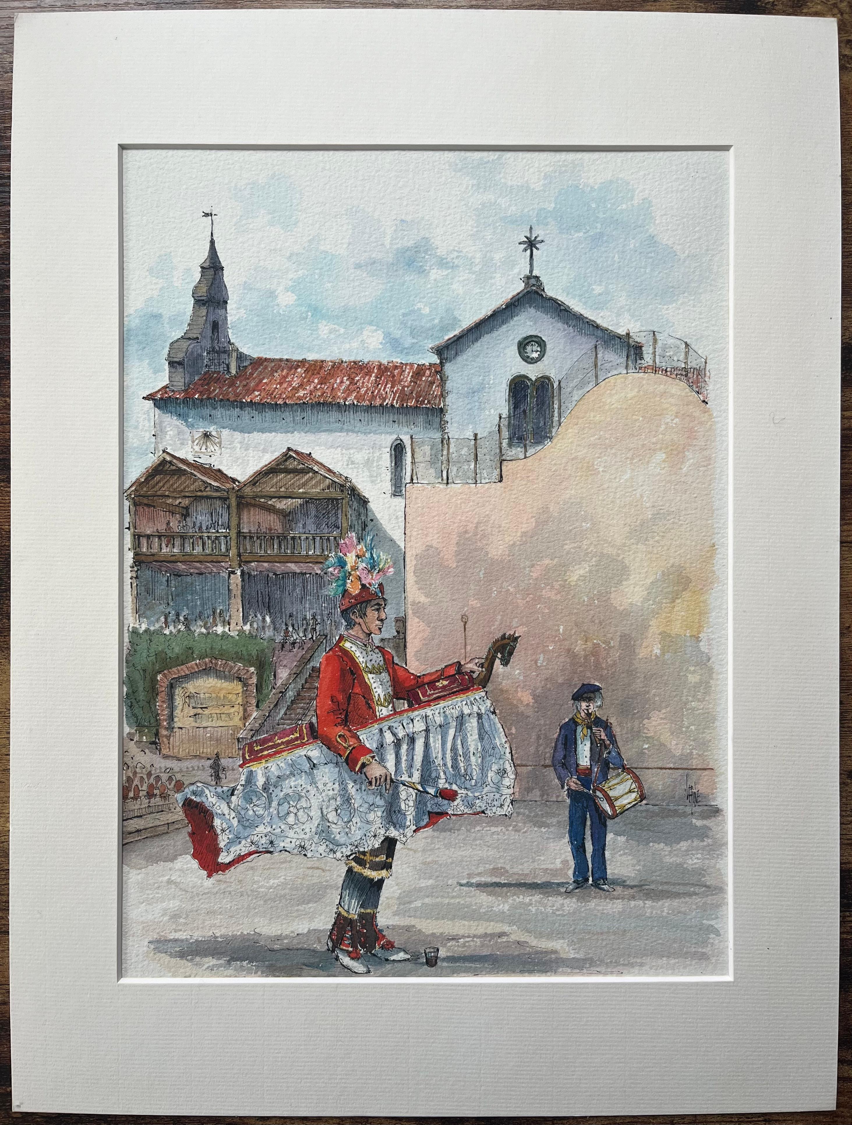 Finely Detailed Watercolor of a Spanish Festival Scene with Church and Performer - Painting by Robert Lepine (1929 - 2017)