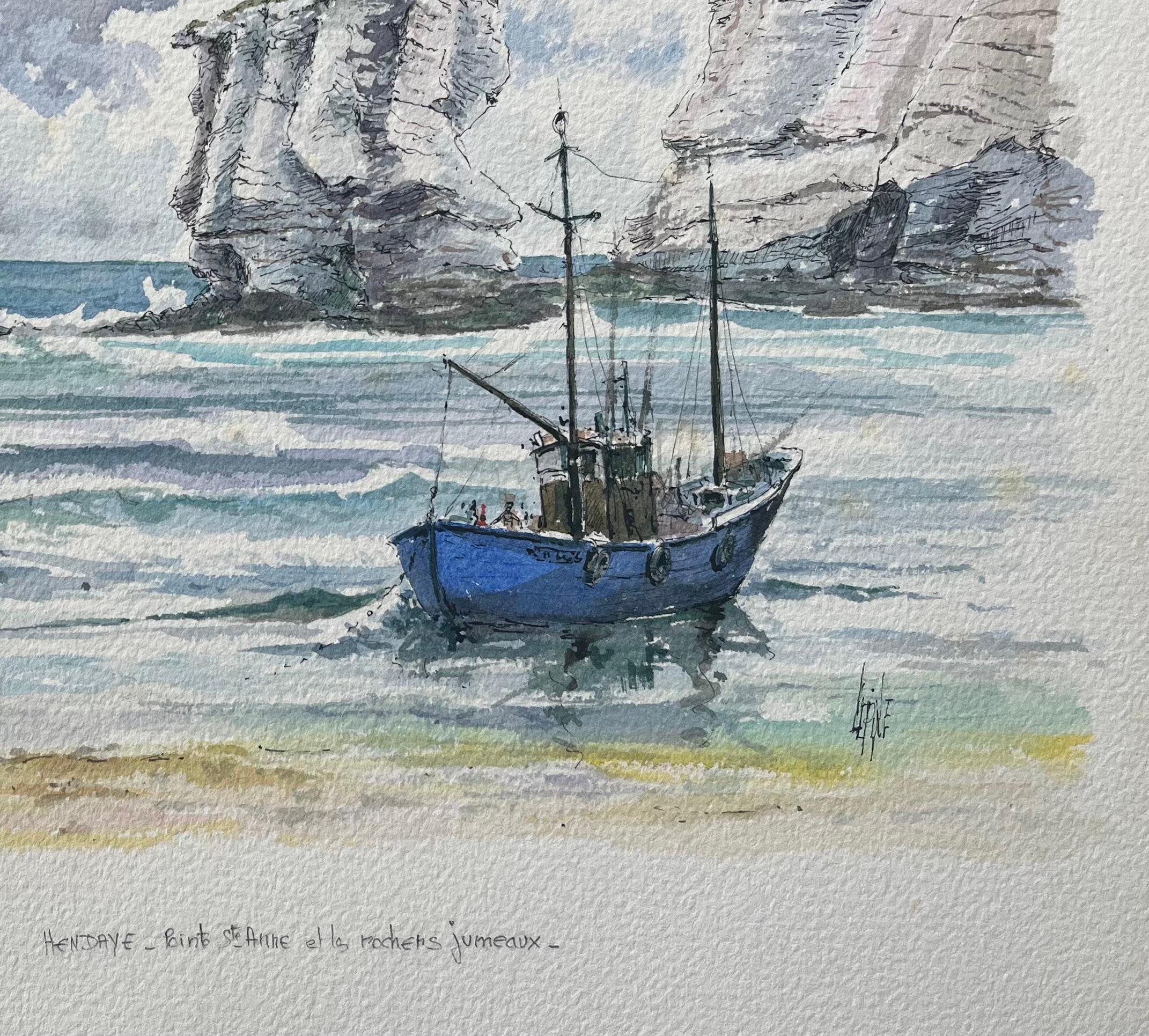 Aquarelle française de Pointe Sainte-Anne et Rochers Jumeaux à Henday - École française Painting par Robert Lepine (1929 - 2017)