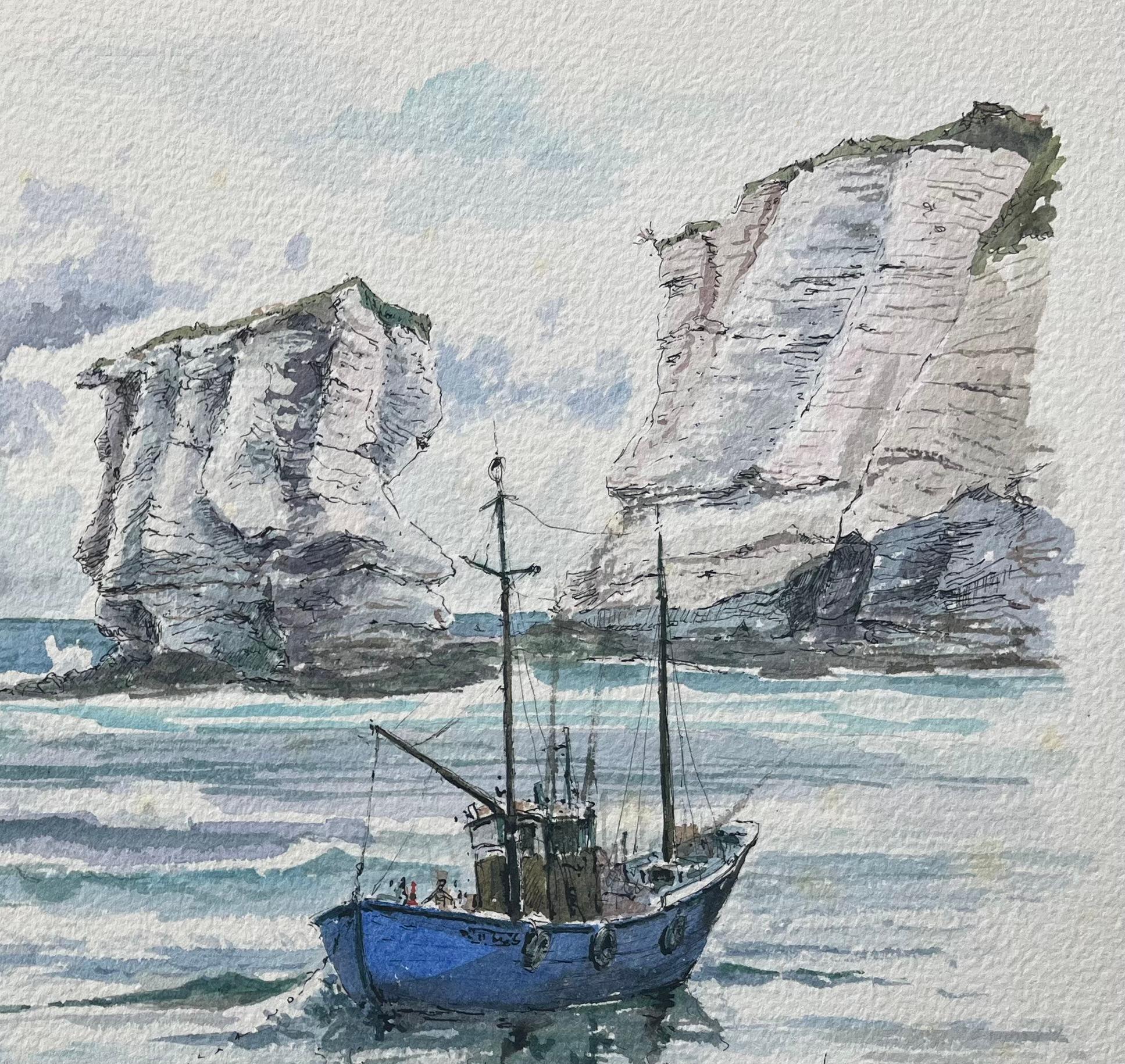 Aquarelle française de Pointe Sainte-Anne et Rochers Jumeaux à Henday - Gris Landscape Painting par Robert Lepine (1929 - 2017)