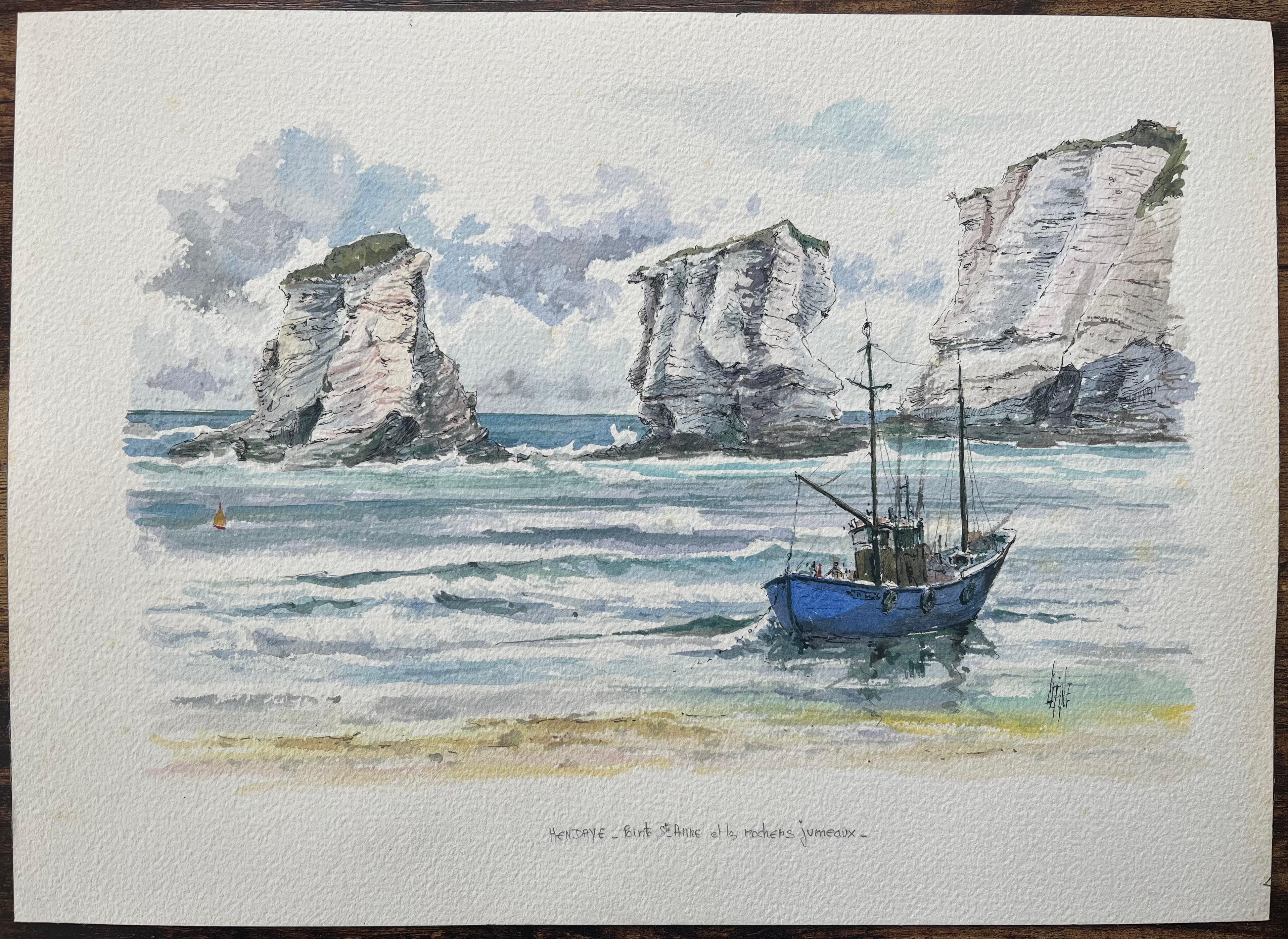 Aquarelle française de Pointe Sainte-Anne et Rochers Jumeaux à Henday - Painting de Robert Lepine (1929 - 2017)