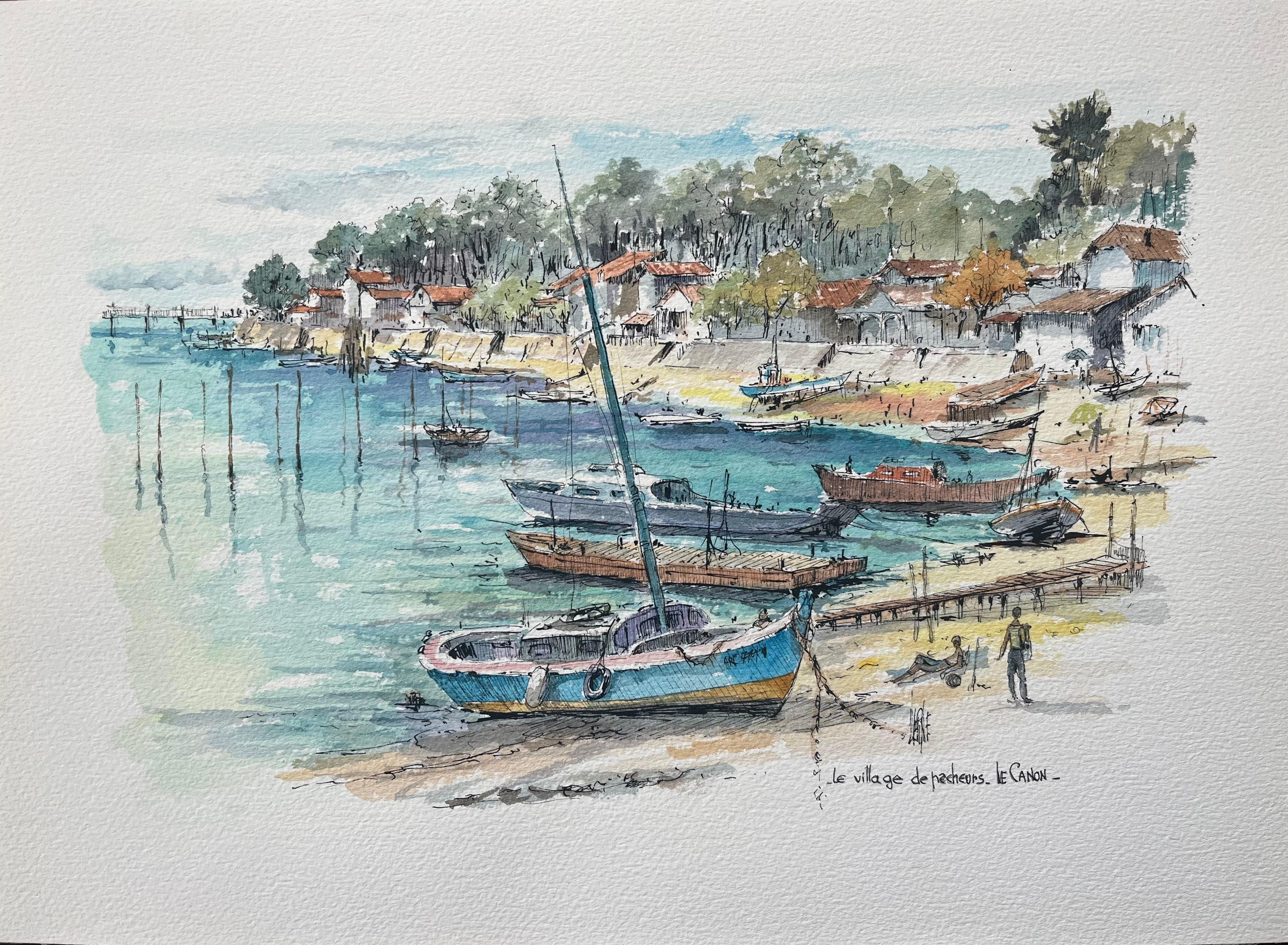 Landscape Art Robert Lepine (1929 - 2017) - Aquarelle française du Village de Pêcheurs au Canon