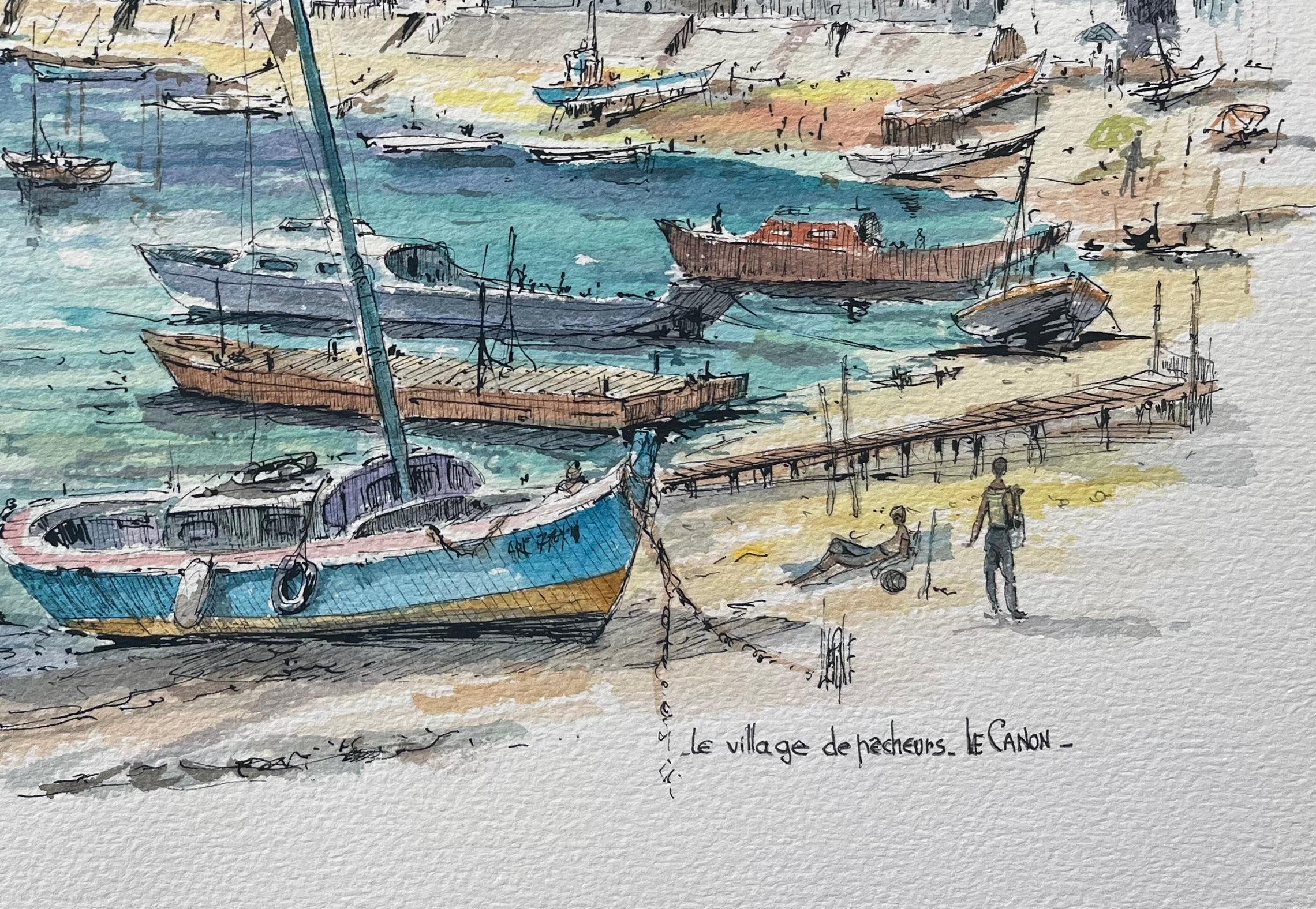Aquarelle française du Village de Pêcheurs au Canon - École française Art par Robert Lepine (1929 - 2017)