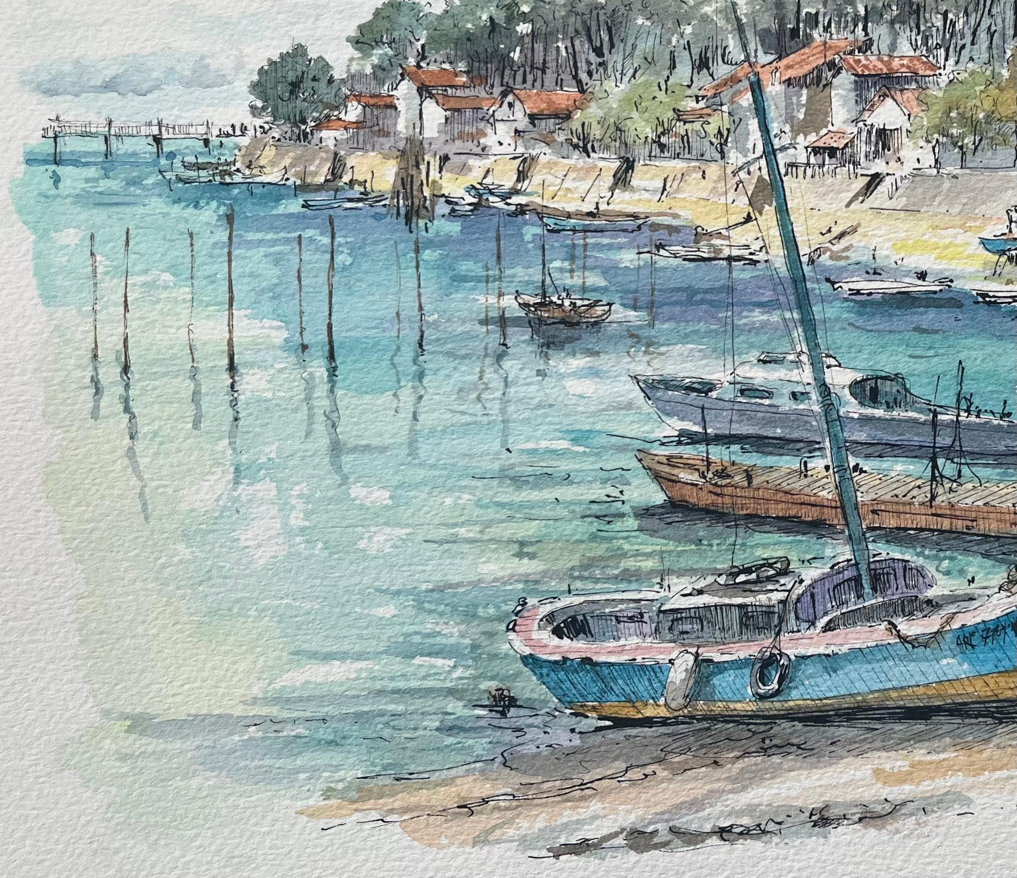 Aquarelle française du Village de Pêcheurs au Canon - Gris Landscape Art par Robert Lepine (1929 - 2017)