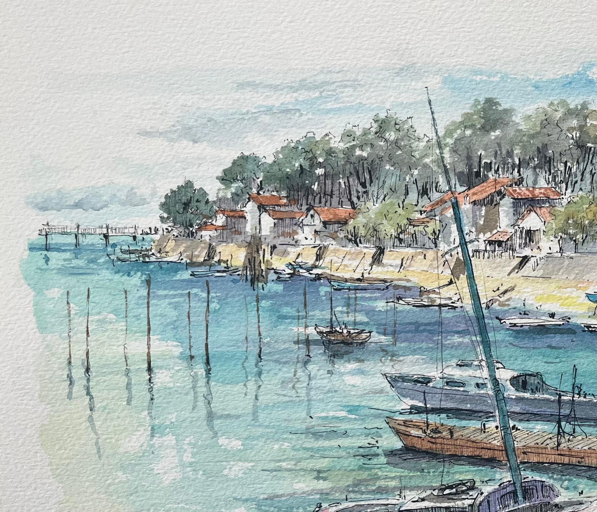 Aquarelle française du Village de Pêcheurs au Canon en vente 1