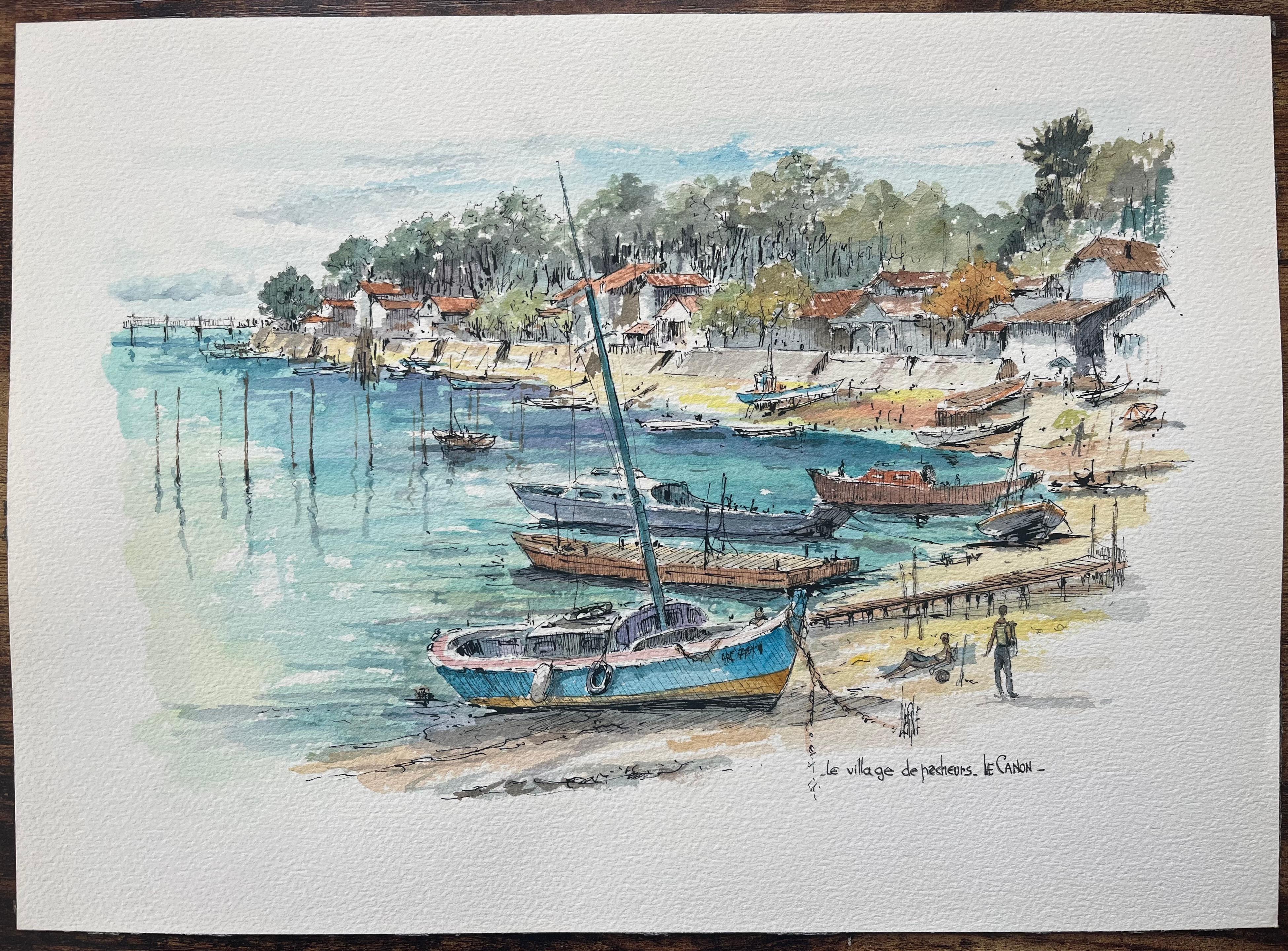 Aquarelle française du Village de Pêcheurs au Canon - Art de Robert Lepine (1929 - 2017)