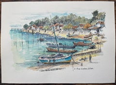Pintura francesa a la acuarela de "Le Village de Pêcheurs" en Le Canon
