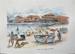 Französische Aquarellmalerei von La Plage et le Port d'Albret in Vieux Boucau
