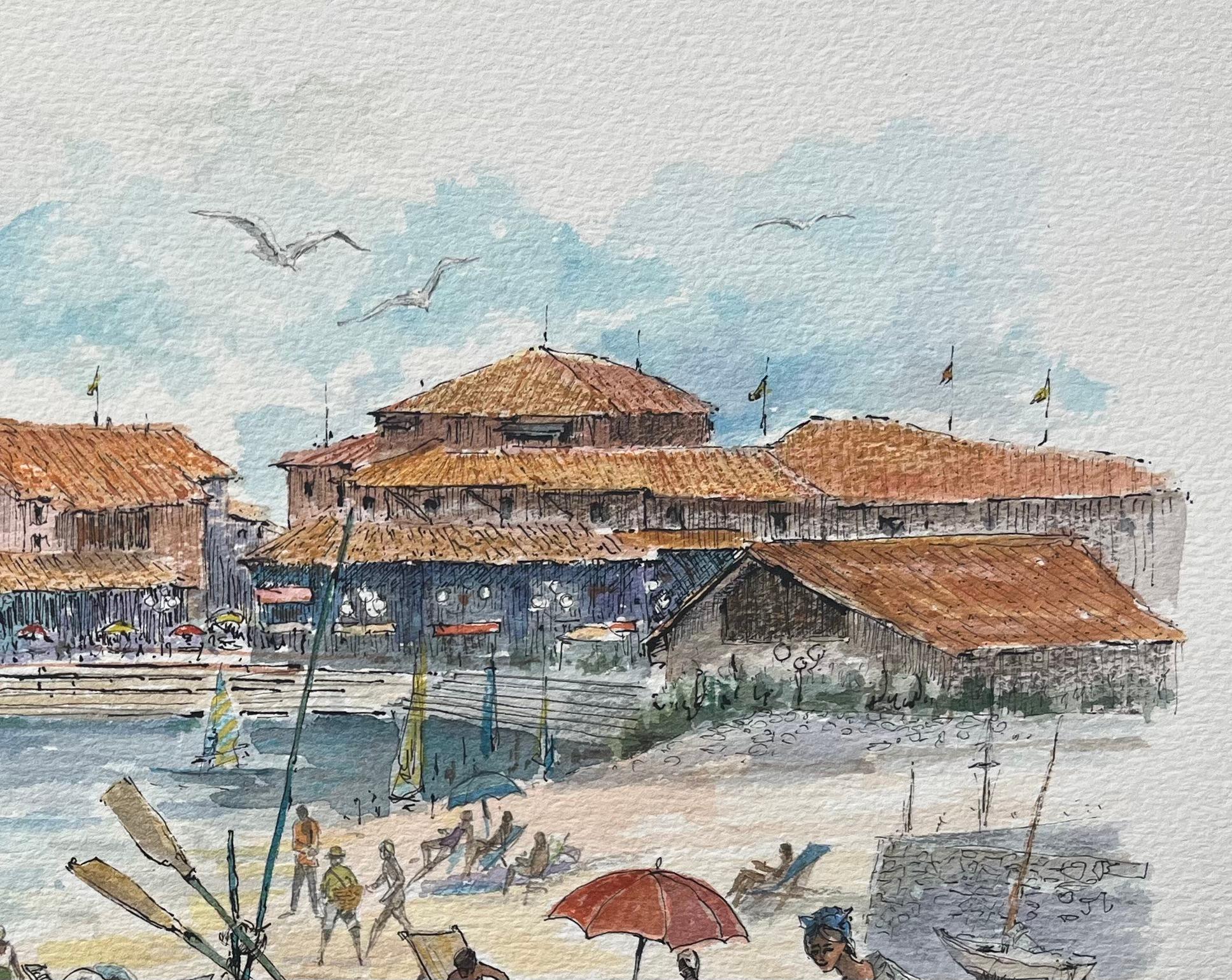 Französische Aquarellmalerei von La Plage et le Port d'Albret in Vieux Boucau (Französische Schule), Painting, von Robert Lepine (1929 - 2017)