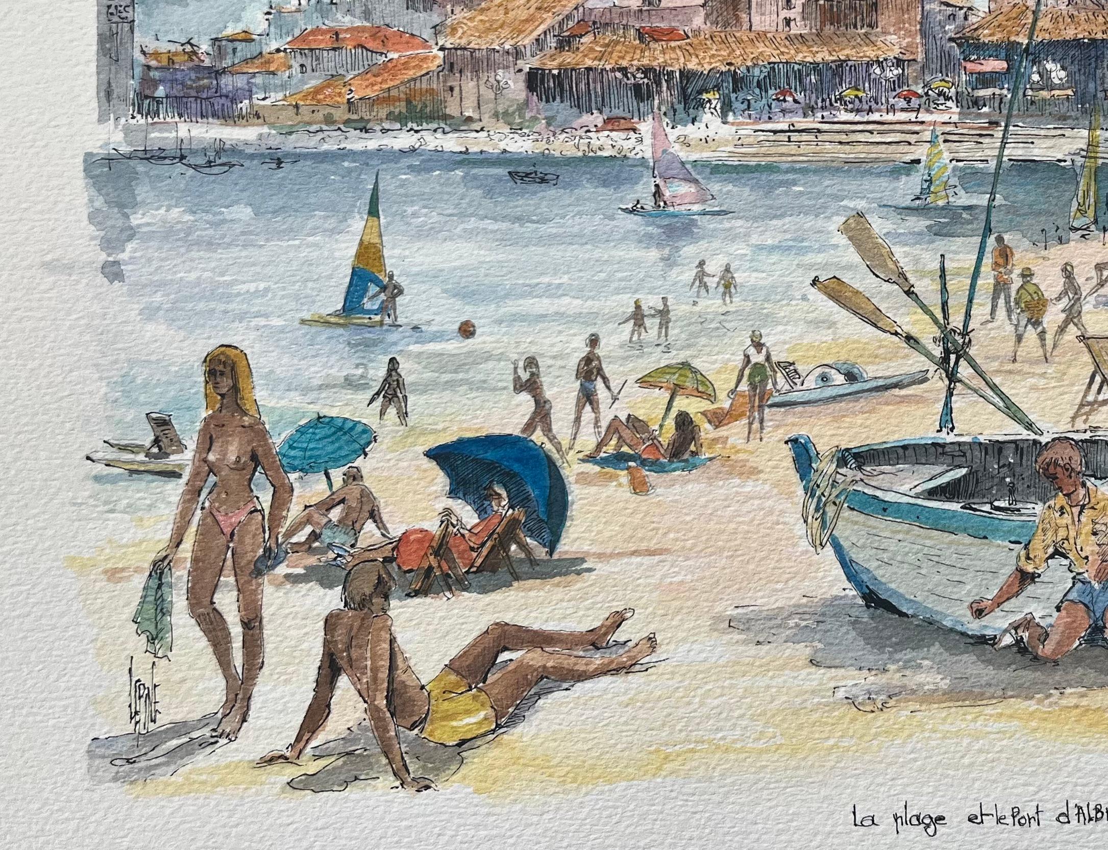 Französische Aquarellmalerei von La Plage et le Port d'Albret in Vieux Boucau (Grau), Landscape Painting, von Robert Lepine (1929 - 2017)