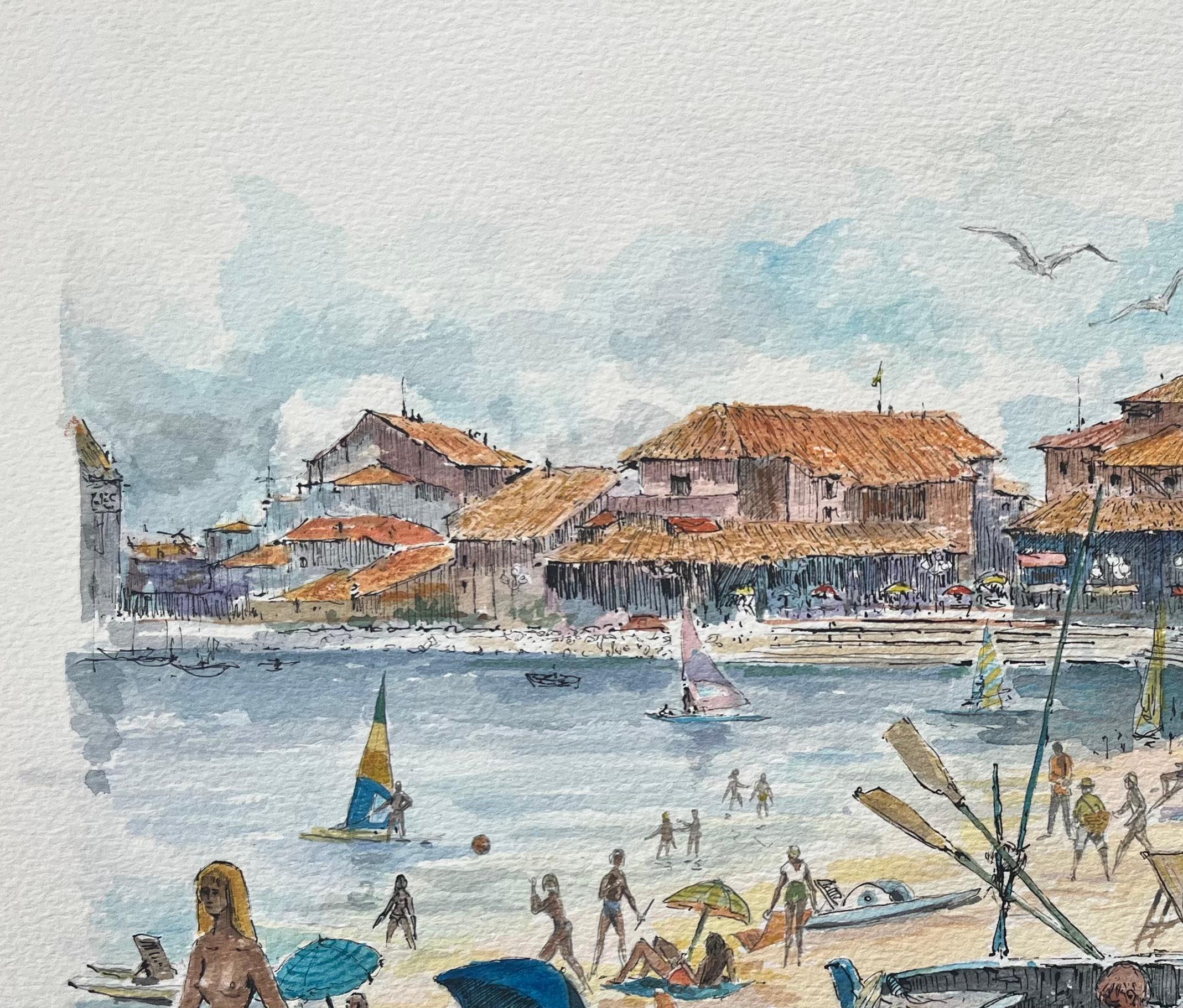 Französische Aquarellmalerei von La Plage et le Port d'Albret in Vieux Boucau im Angebot 1