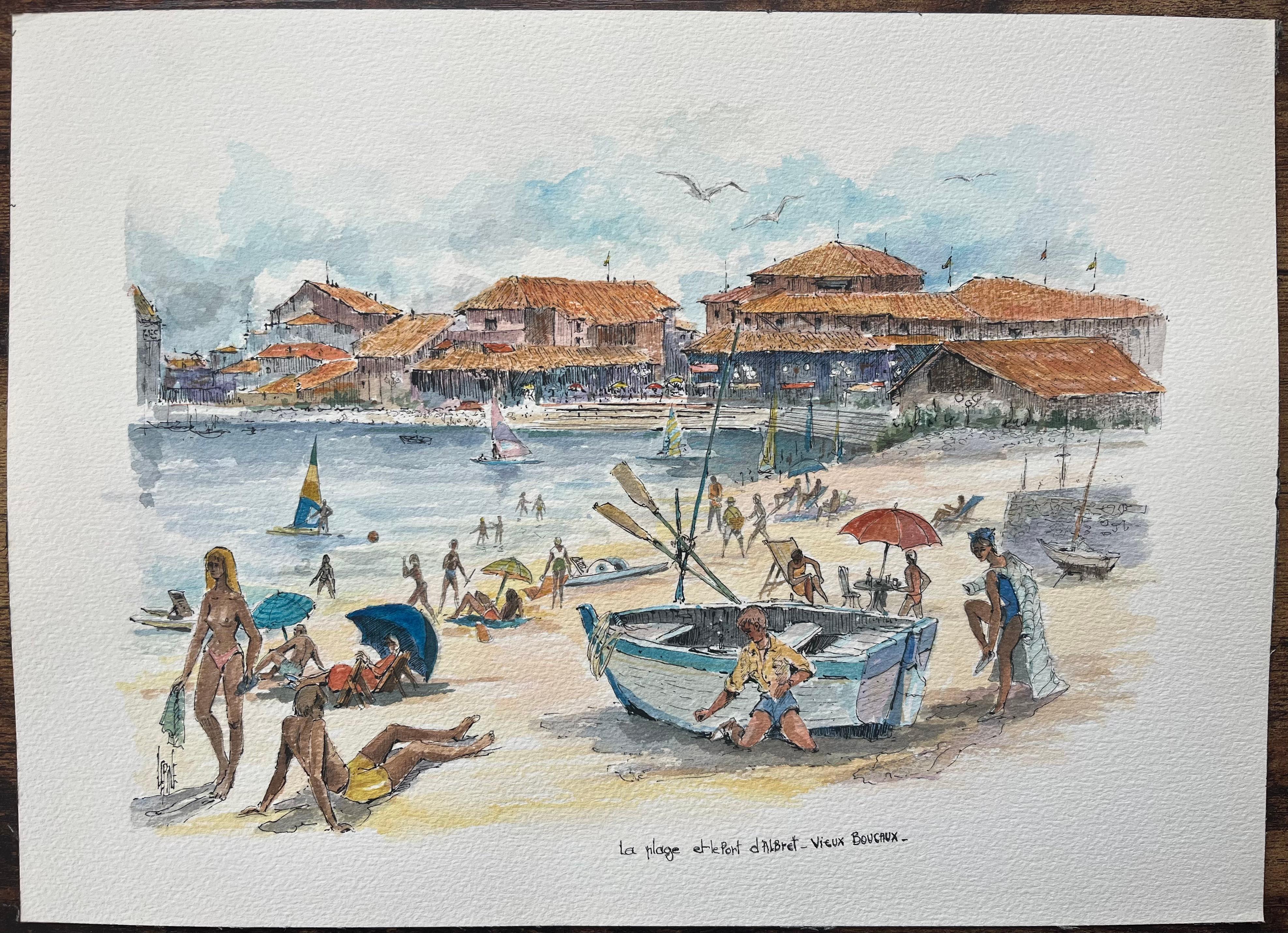 Französische Aquarellmalerei von La Plage et le Port d'Albret in Vieux Boucau – Painting von Robert Lepine (1929 - 2017)