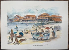 French Watercolor Painting of “La Plage et le Port d’Albret” in Vieux Boucau