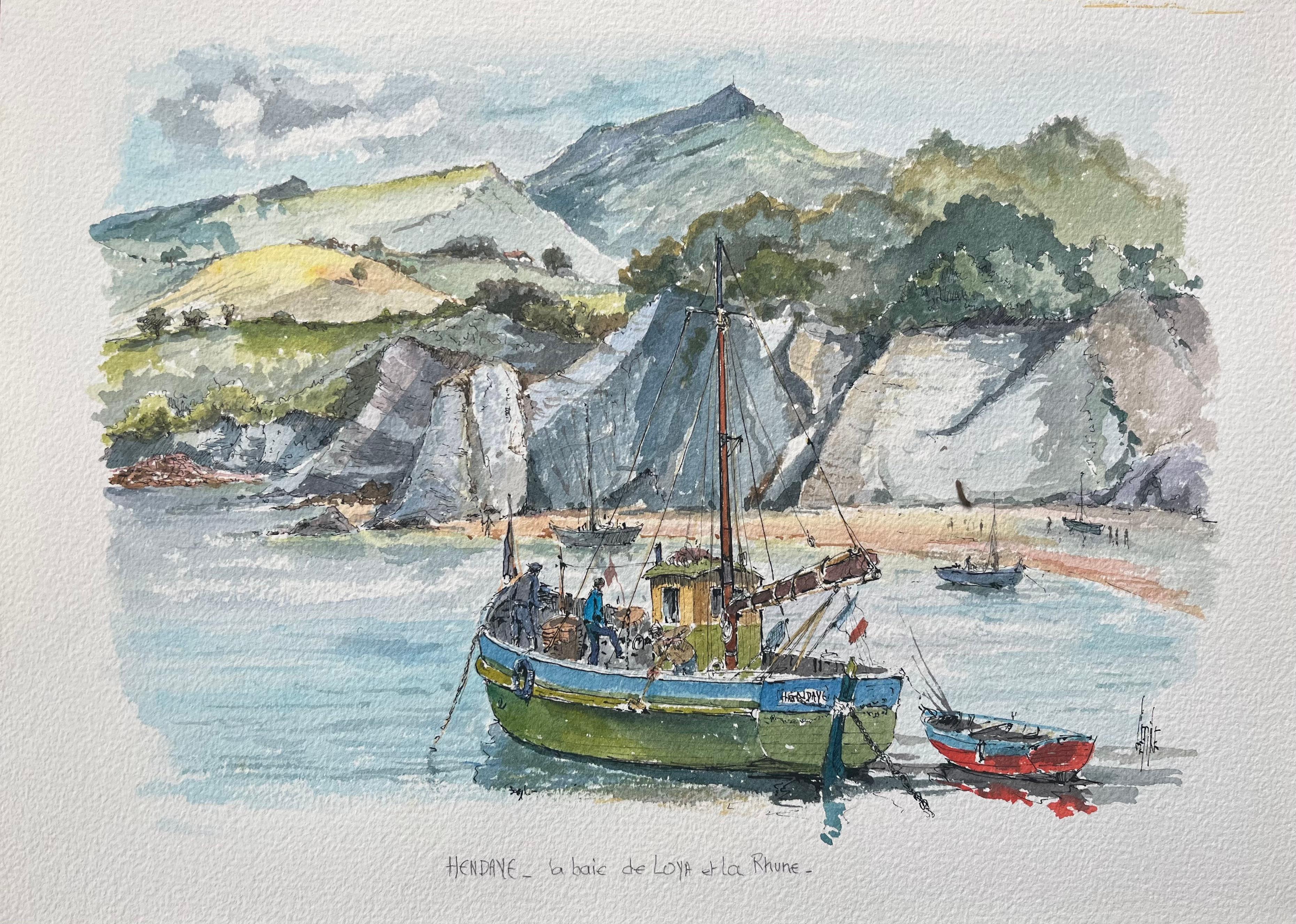 Robert Lepine (1929 - 2017) Landscape Painting - French Watercolor Painting of “La Baie de Loya et La Rhune” in Hendaye