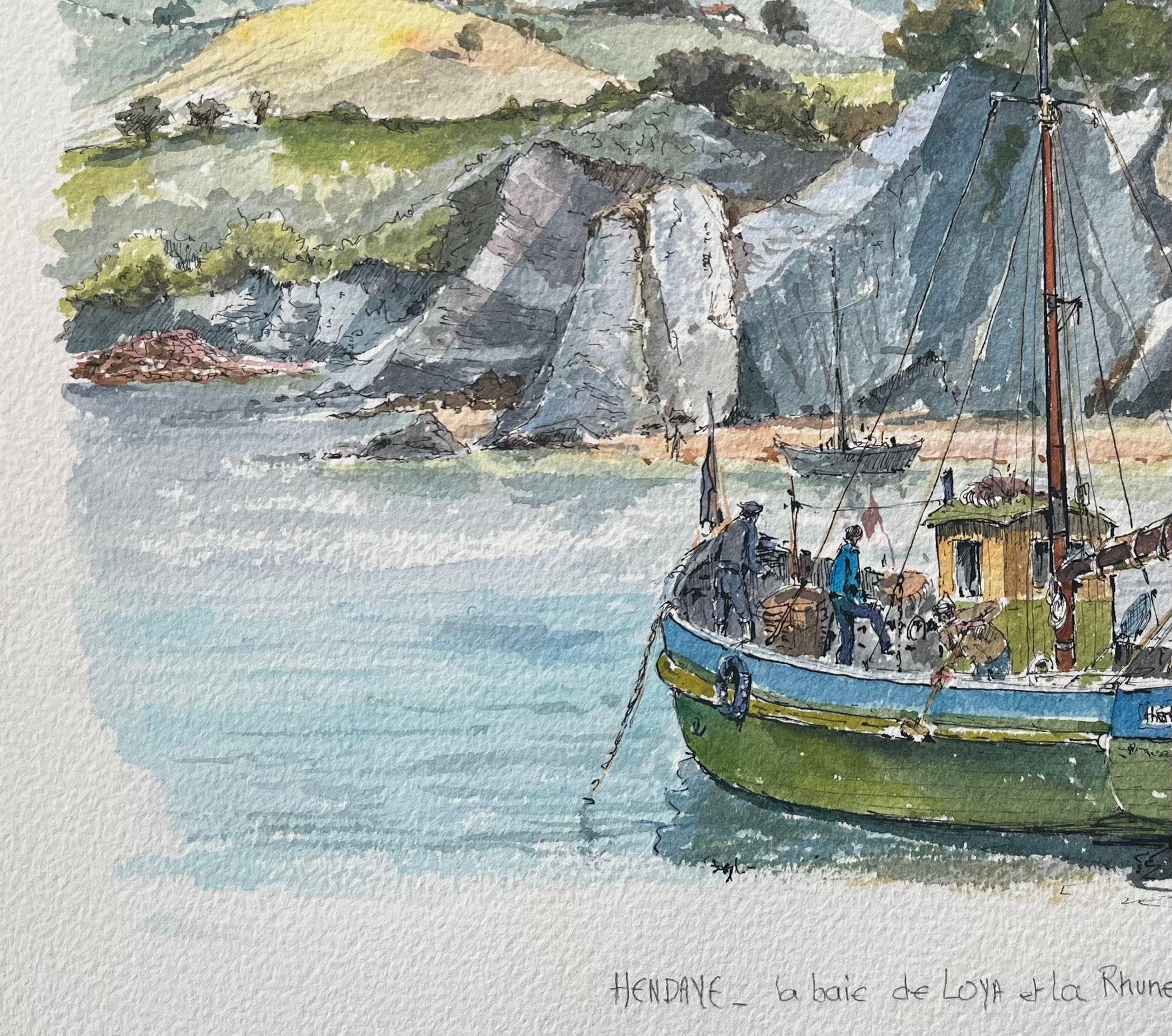 French Watercolor Painting of “La Baie de Loya et La Rhune” in Hendaye For Sale 3