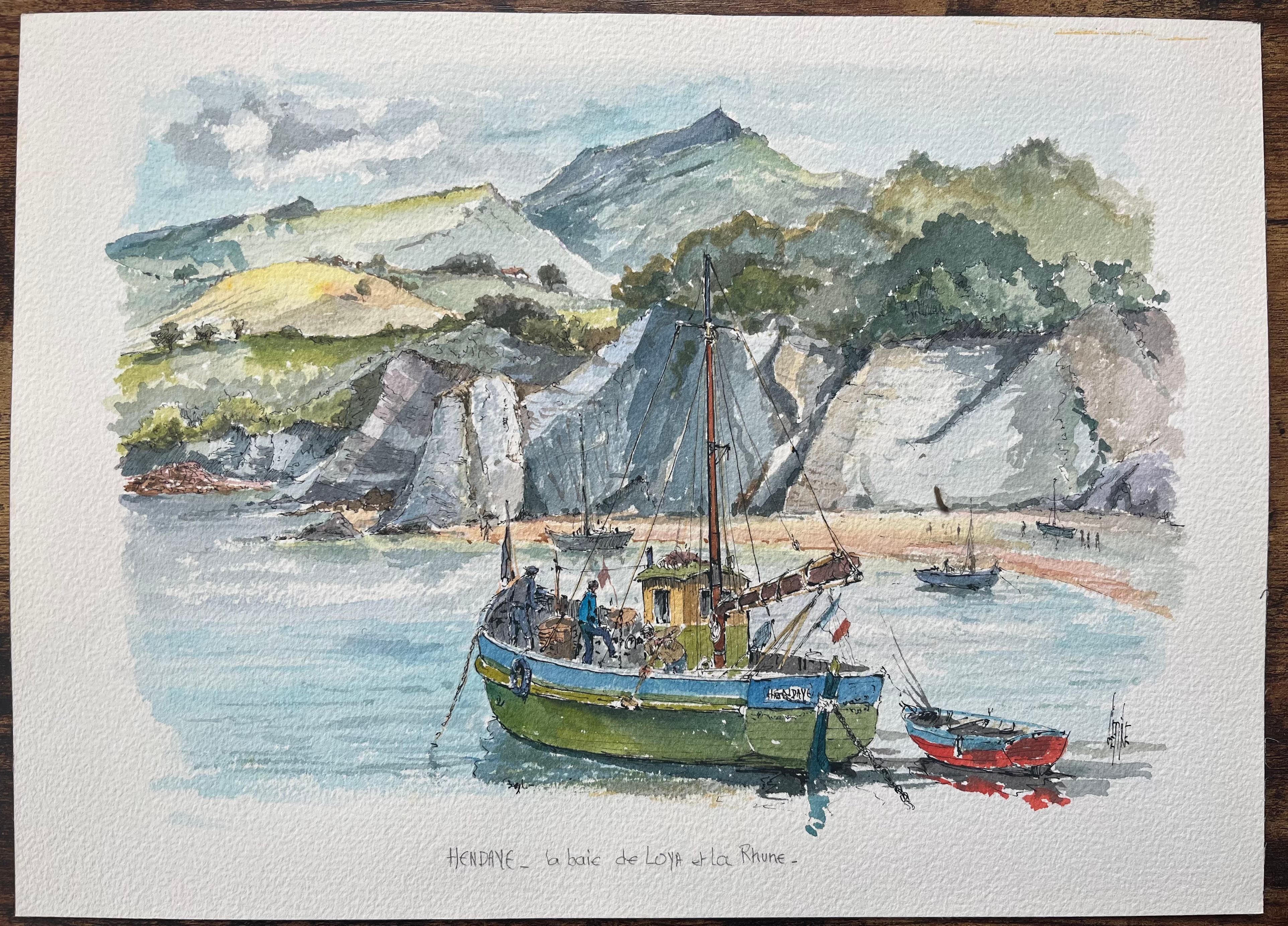French Watercolor Painting of “La Baie de Loya et La Rhune” in Hendaye - Gray Landscape Painting by Robert Lepine (1929 - 2017)