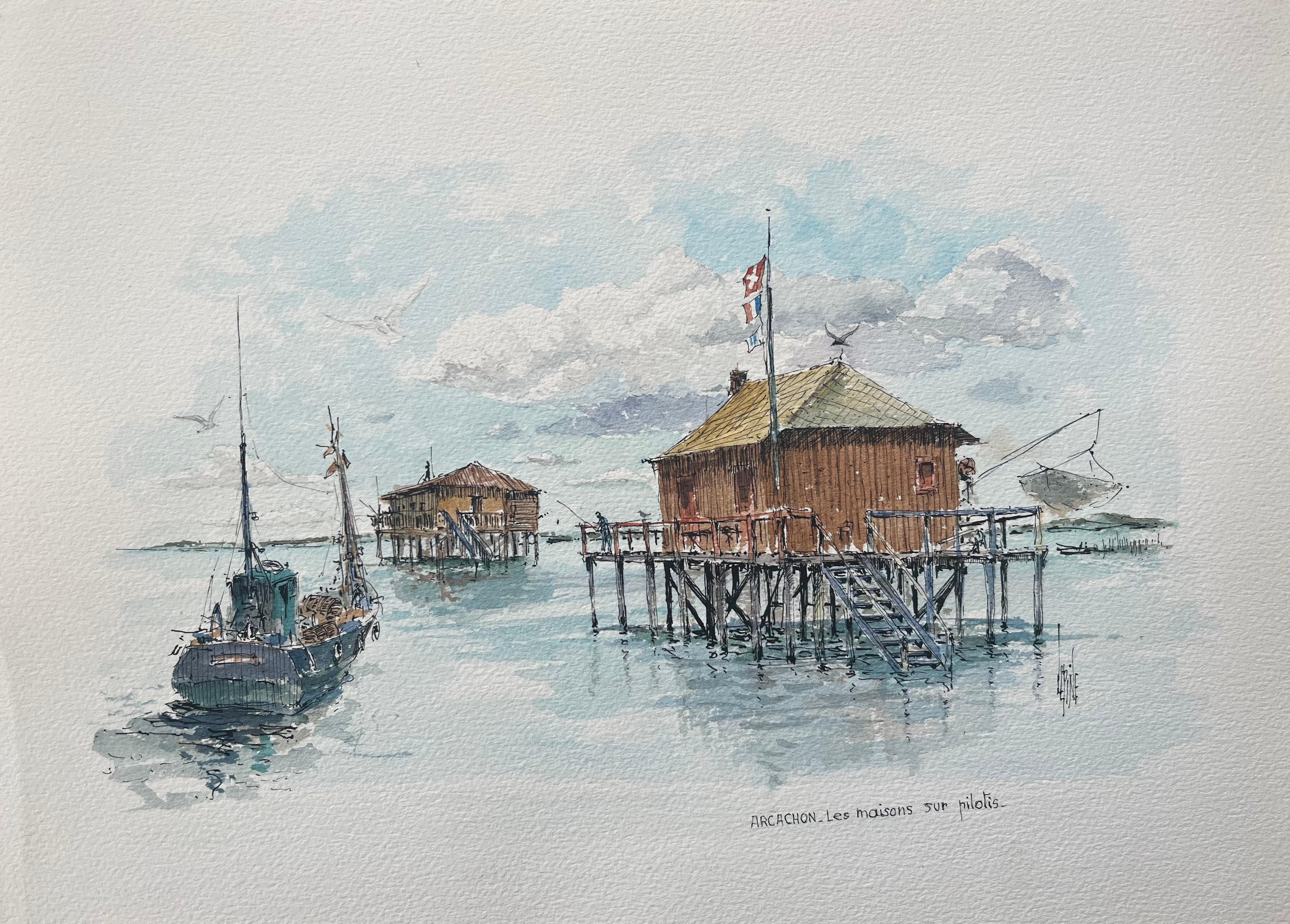 Robert Lepine (1929 - 2017) Landscape Art - French Watercolor Painting of “Les Maisons sur Pilotis” in Arcachon