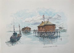 Pintura francesa en acuarela de "Les Maisons sur Pilotis" en Arcachon