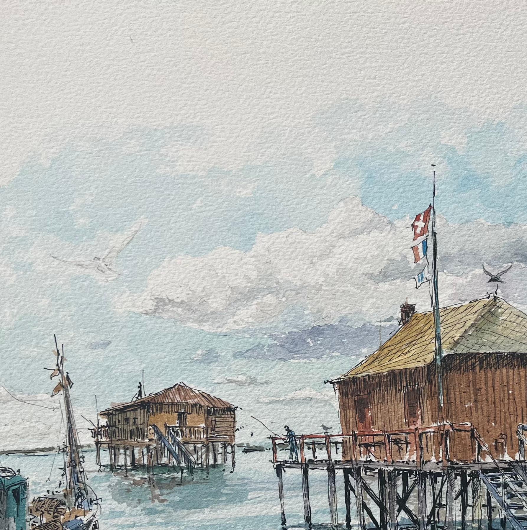 French Watercolor Painting of “Les Maisons sur Pilotis” in Arcachon - Gray Landscape Art by Robert Lepine (1929 - 2017)