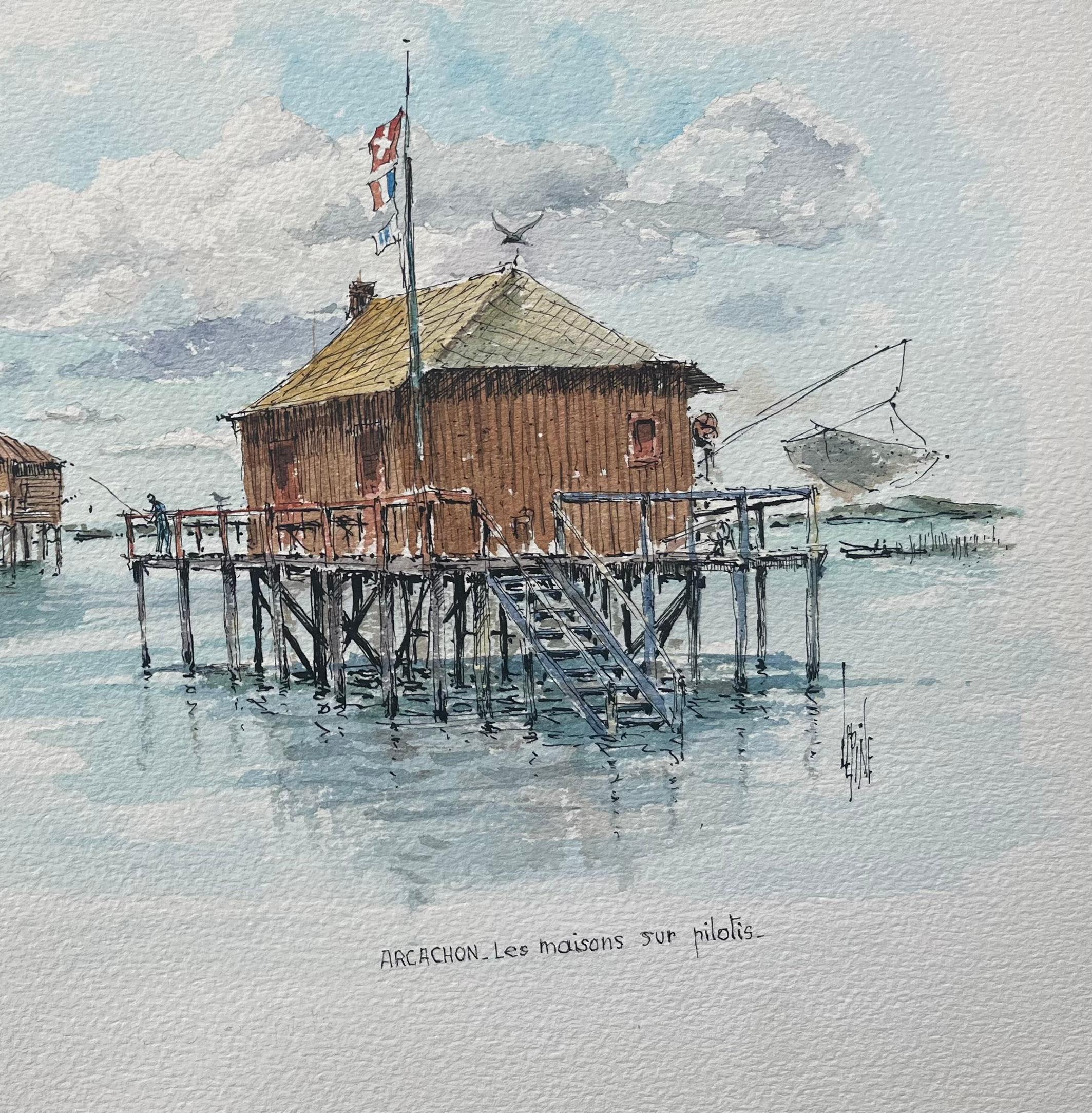 French Watercolor Painting of “Les Maisons sur Pilotis” in Arcachon - French School Art by Robert Lepine (1929 - 2017)