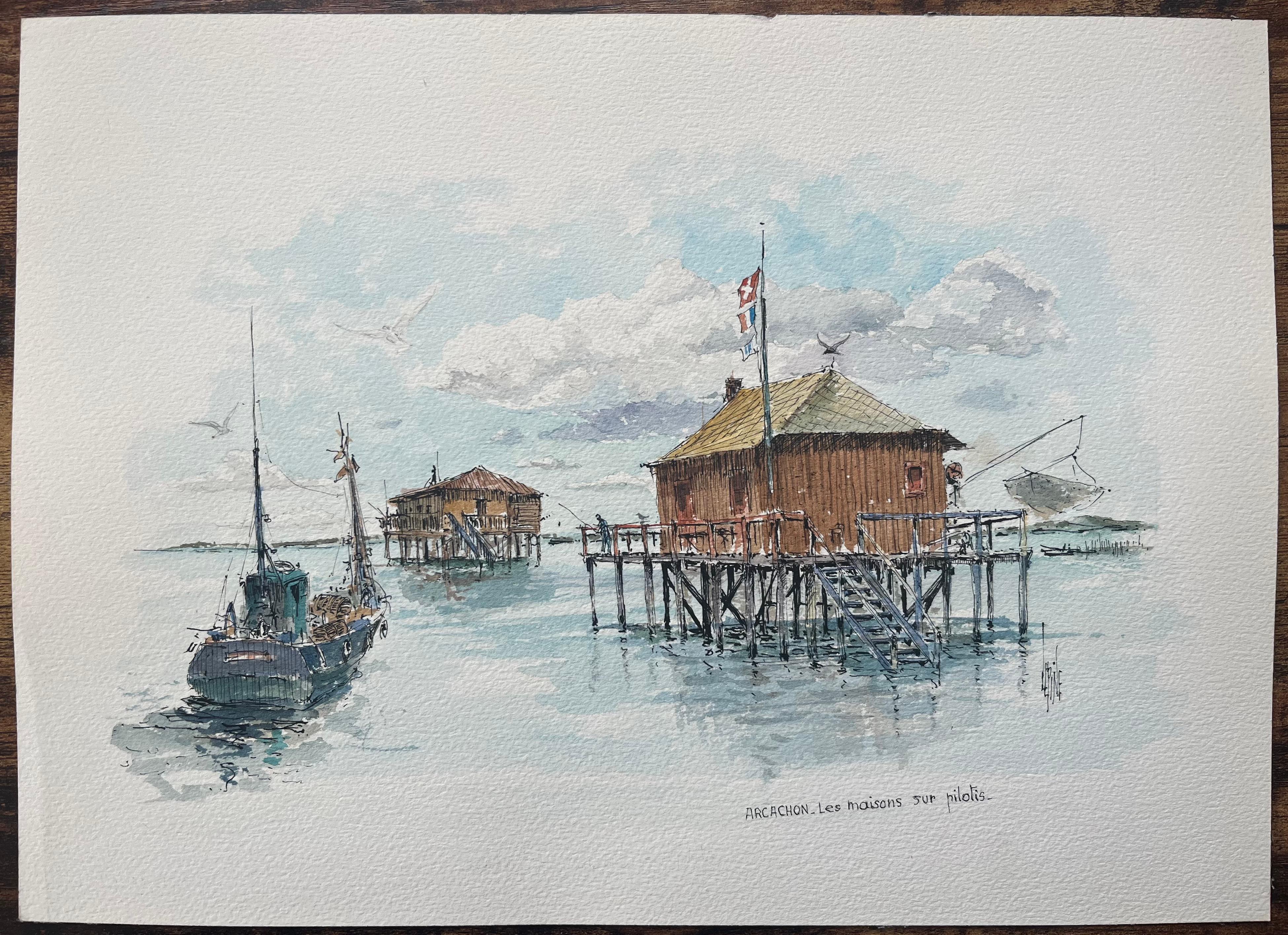 French Watercolor Painting of “Les Maisons sur Pilotis” in Arcachon - Art by Robert Lepine (1929 - 2017)