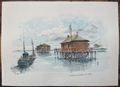 French Watercolor Painting of “Les Maisons sur Pilotis” in Arcachon