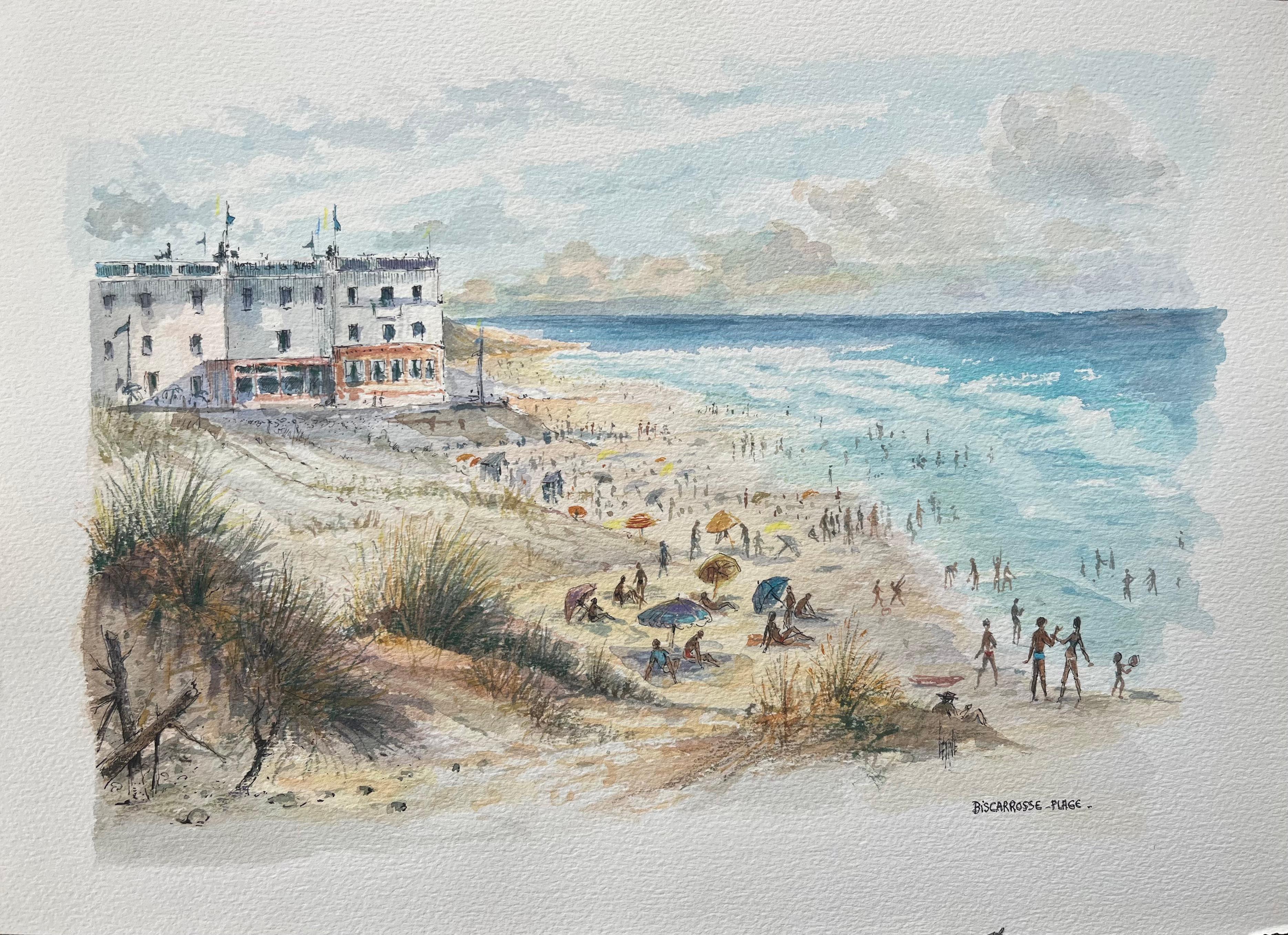 Robert Lepine (1929 - 2017) Landscape Art - French Watercolor Painting of “Biscarrosse Plage” with Beach Scene