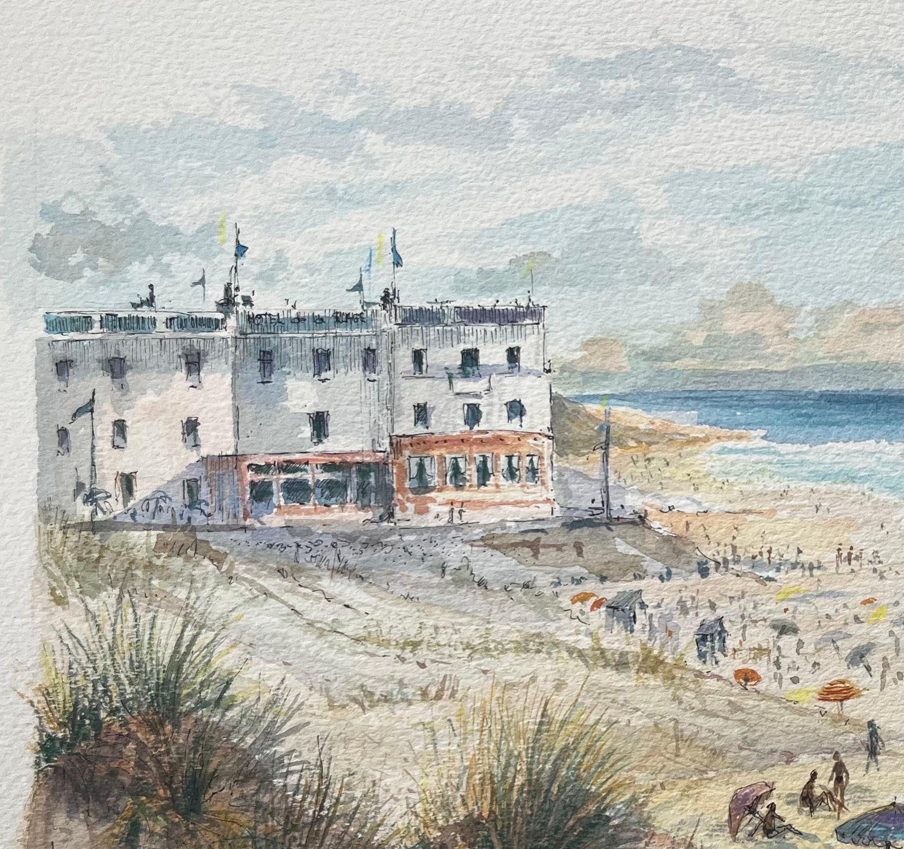 French Watercolor Painting of “Biscarrosse Plage” with Beach Scene - French School Art by Robert Lepine (1929 - 2017)