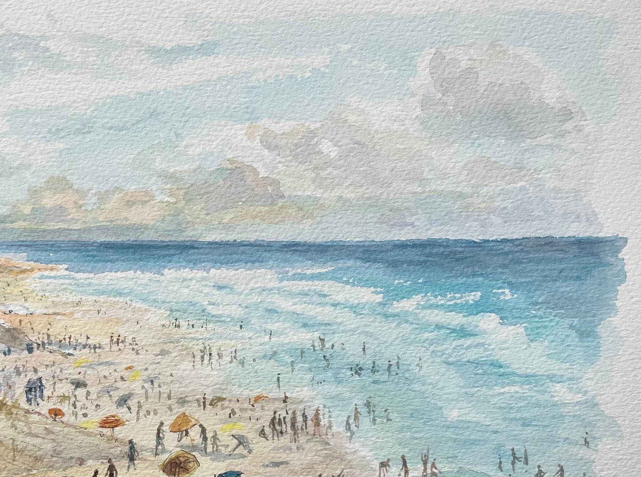 Title: French Watercolor Painting of “Biscarrosse Plage” with Beach Scene
by Robert Lepine (French, 1929 - 2017)
Signed: Yes
Medium: Watercolor painting on artists paper, unframed
Size: 10.25 x 14.25 (height x width)
Condition: Very