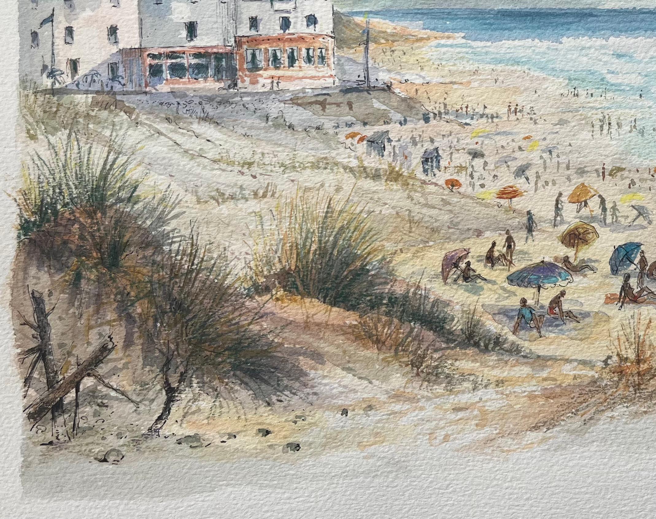 French Watercolor Painting of “Biscarrosse Plage” with Beach Scene - Gray Landscape Art by Robert Lepine (1929 - 2017)