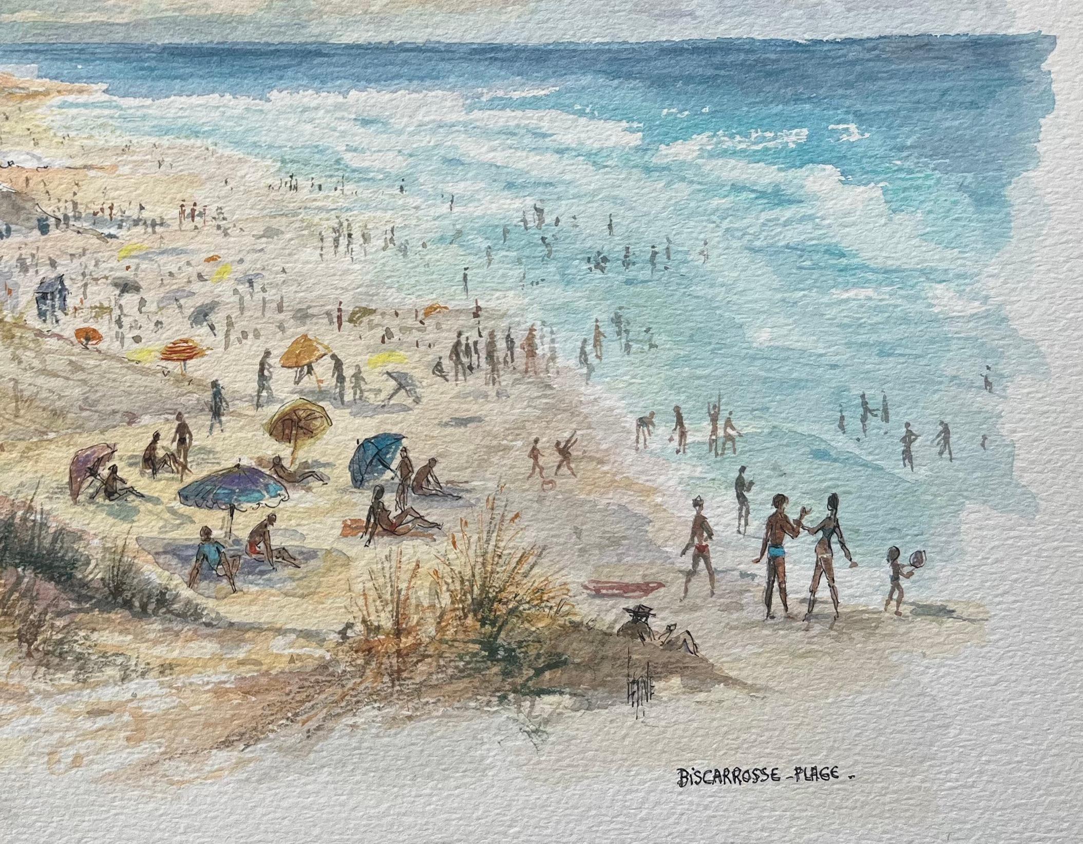 French Watercolor Painting of “Biscarrosse Plage” with Beach Scene For Sale 1