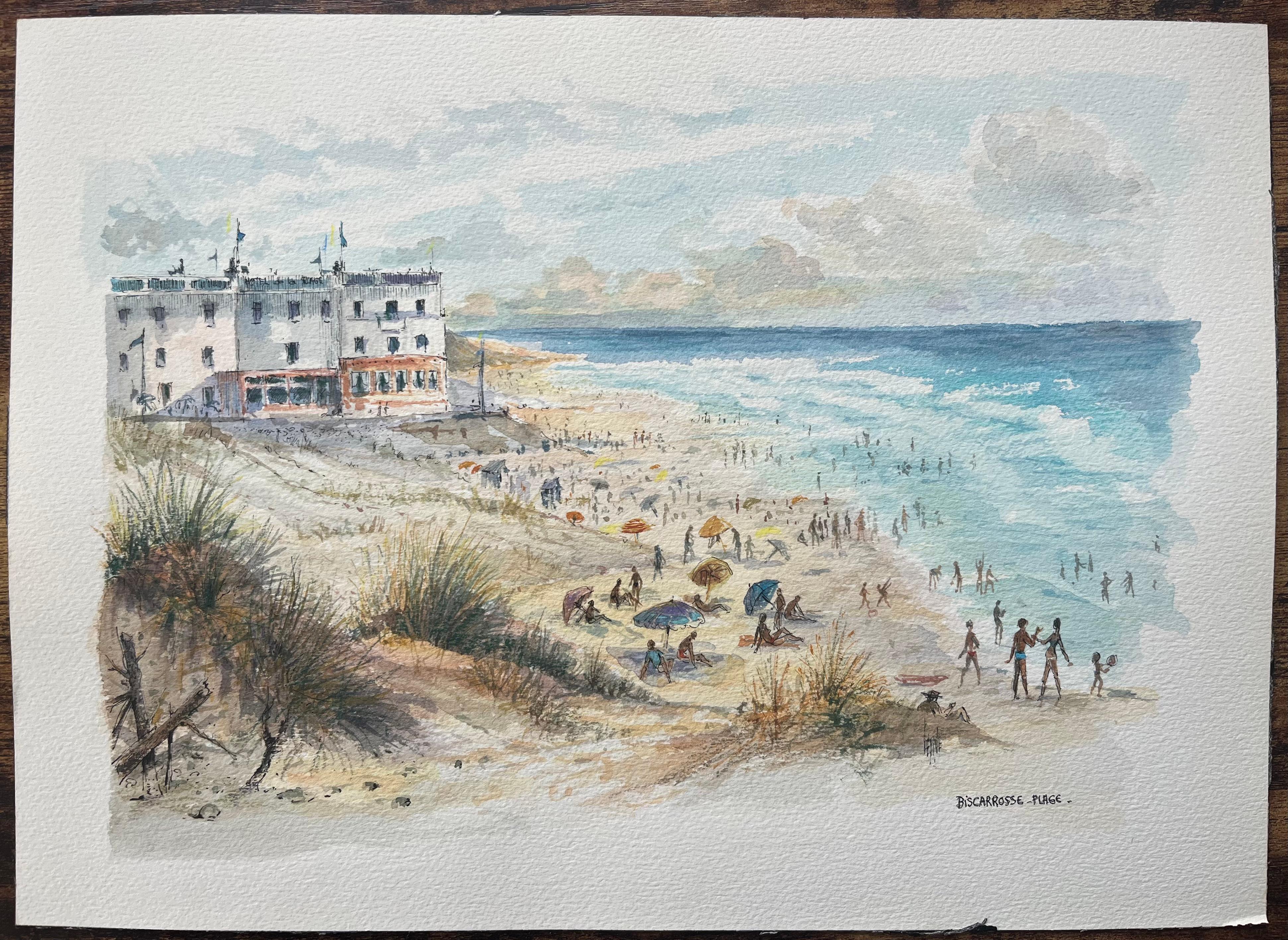 French Watercolor Painting of “Biscarrosse Plage” with Beach Scene - Art by Robert Lepine (1929 - 2017)