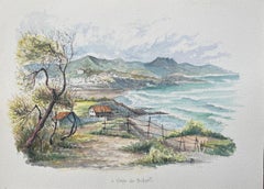 Acuarela francesa "La Plage de Bidart" con paisaje costero