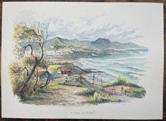French Watercolor Painting of “La Plage de Bidart” with Coastal Landscape