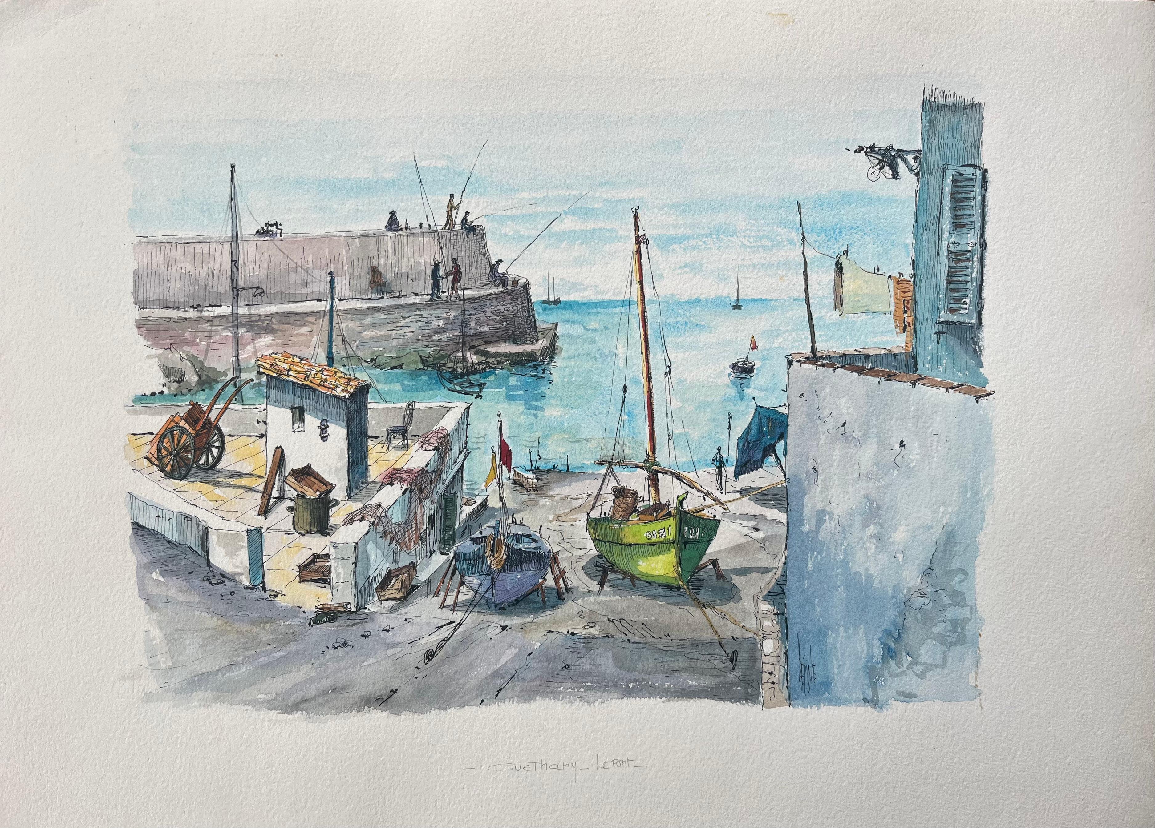 Landscape Painting de Robert Lepine (1929 - 2017) - Acuarela francesa del puerto de Guéthary con barcos de pesca y arquitectura
