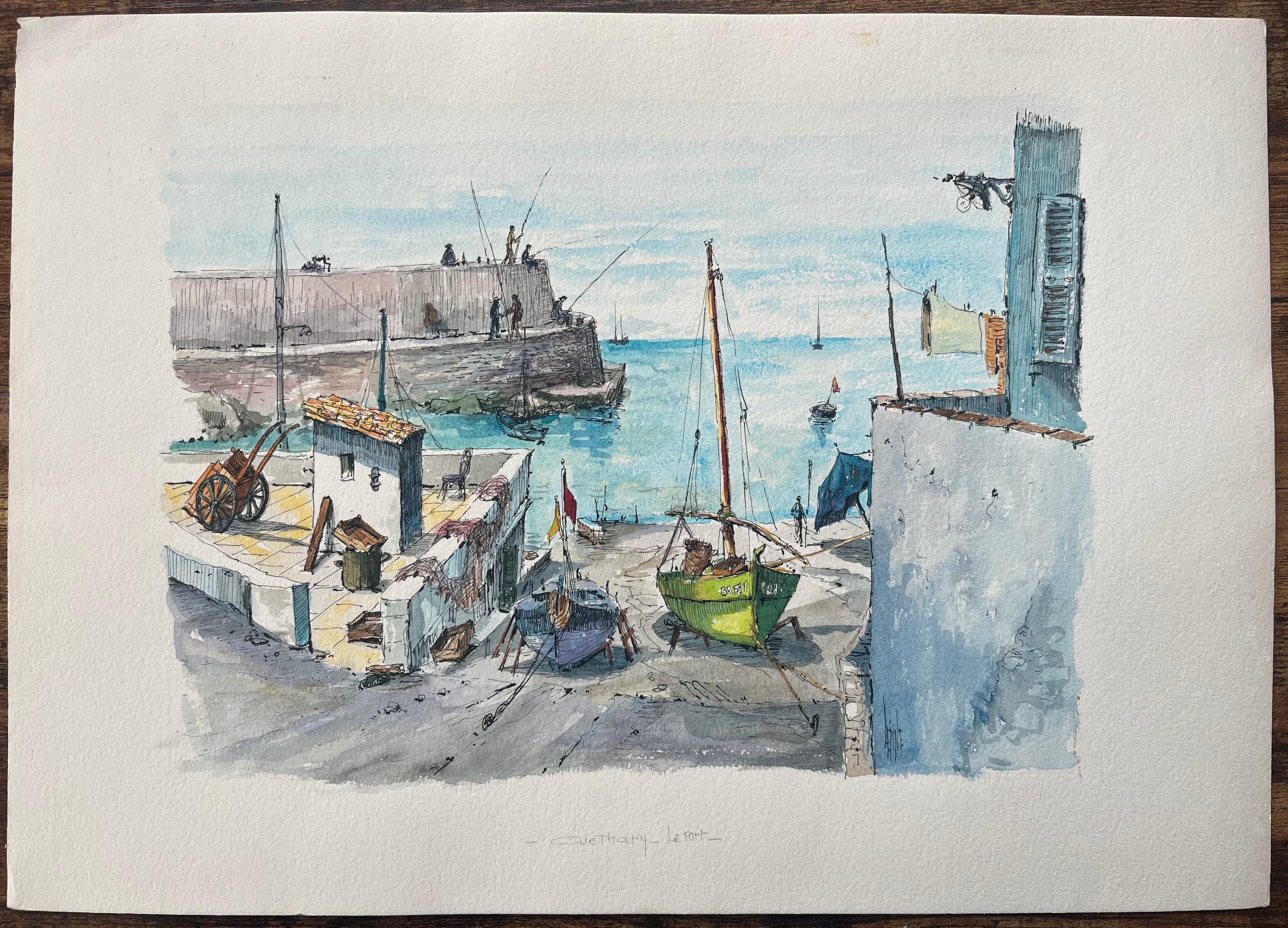 Acuarela francesa del puerto de Guéthary con barcos de pesca y arquitectura - Painting de Robert Lepine (1929 - 2017)