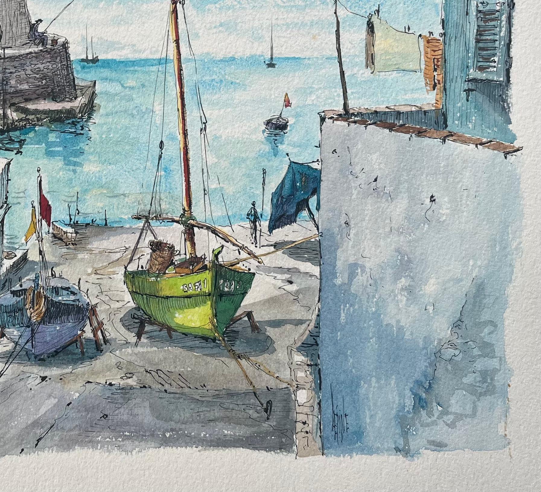 Acuarela francesa del puerto de Guéthary con barcos de pesca y arquitectura - Painting Escuela francesa de Robert Lepine (1929 - 2017)