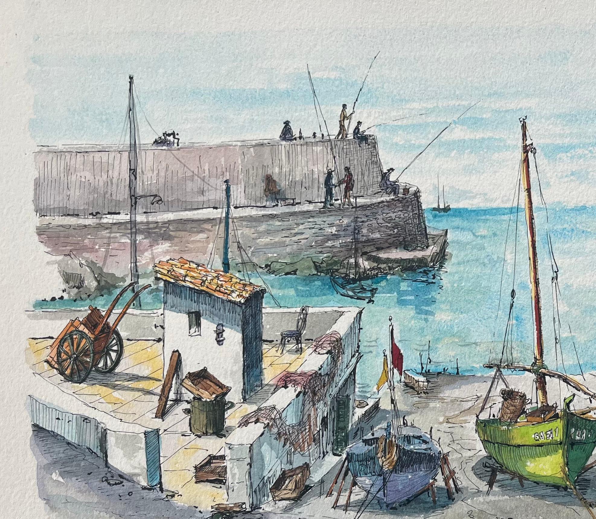 Acuarela francesa del puerto de Guéthary con barcos de pesca y arquitectura en venta 1