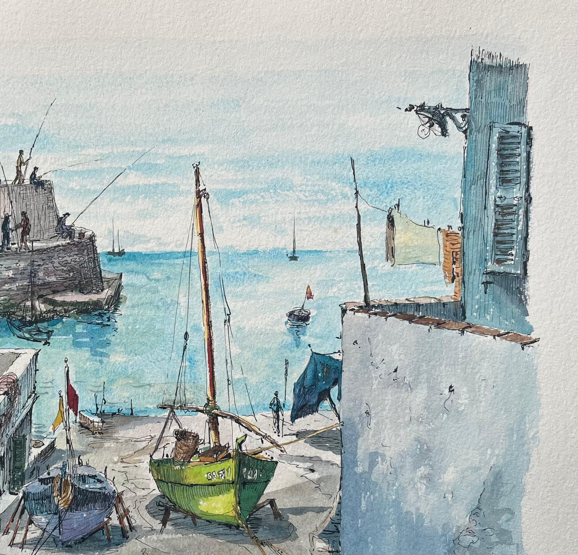Acuarela francesa del puerto de Guéthary con barcos de pesca y arquitectura - Landscape Painting Gris de Robert Lepine (1929 - 2017)