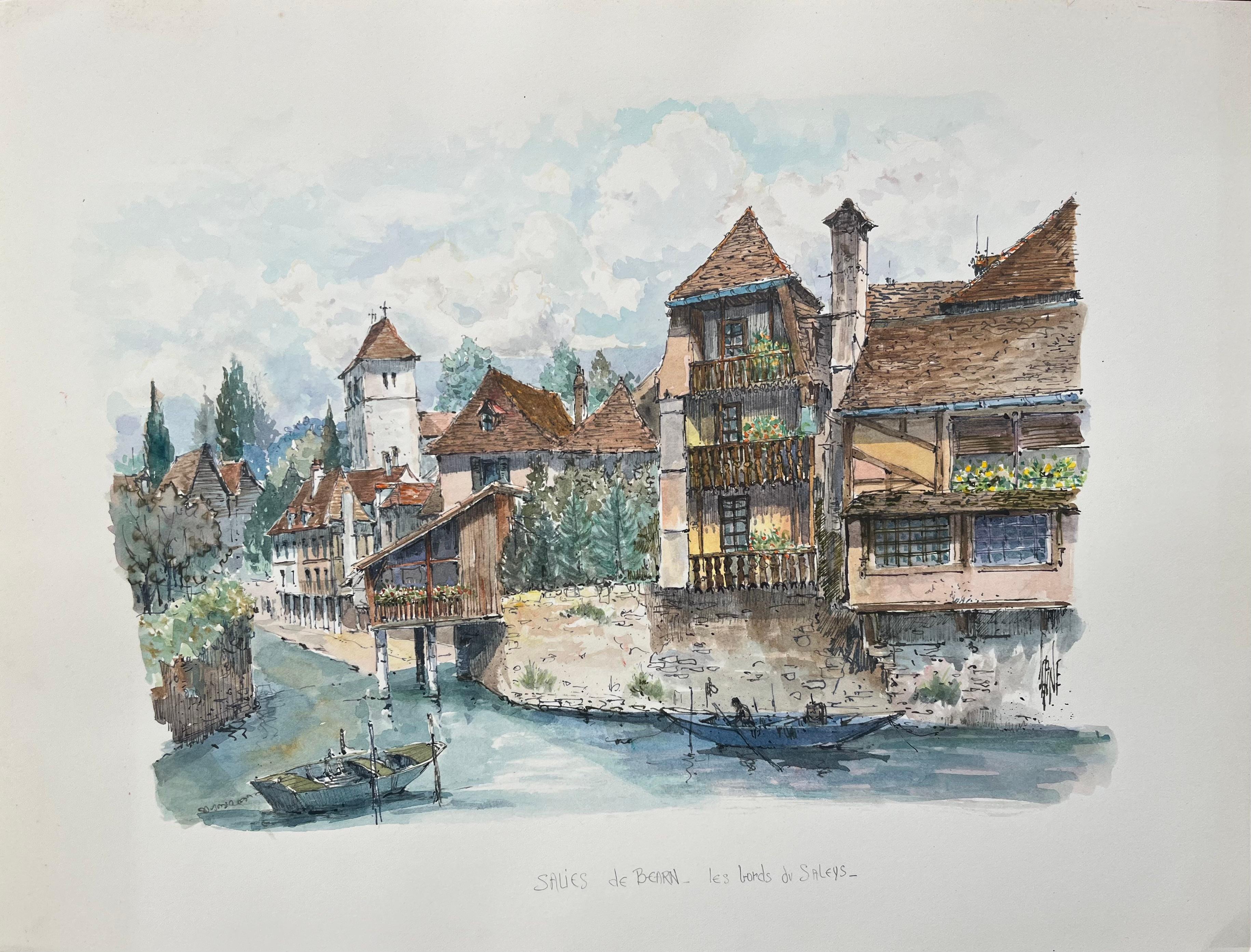 Landscape Painting Robert Lepine (1929 - 2017) - Aquarelle française de Salies-de-Béarn, Les Bords de Saleys