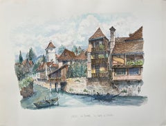 Aquarelle française de Salies-de-Béarn, Les Bords de Saleys