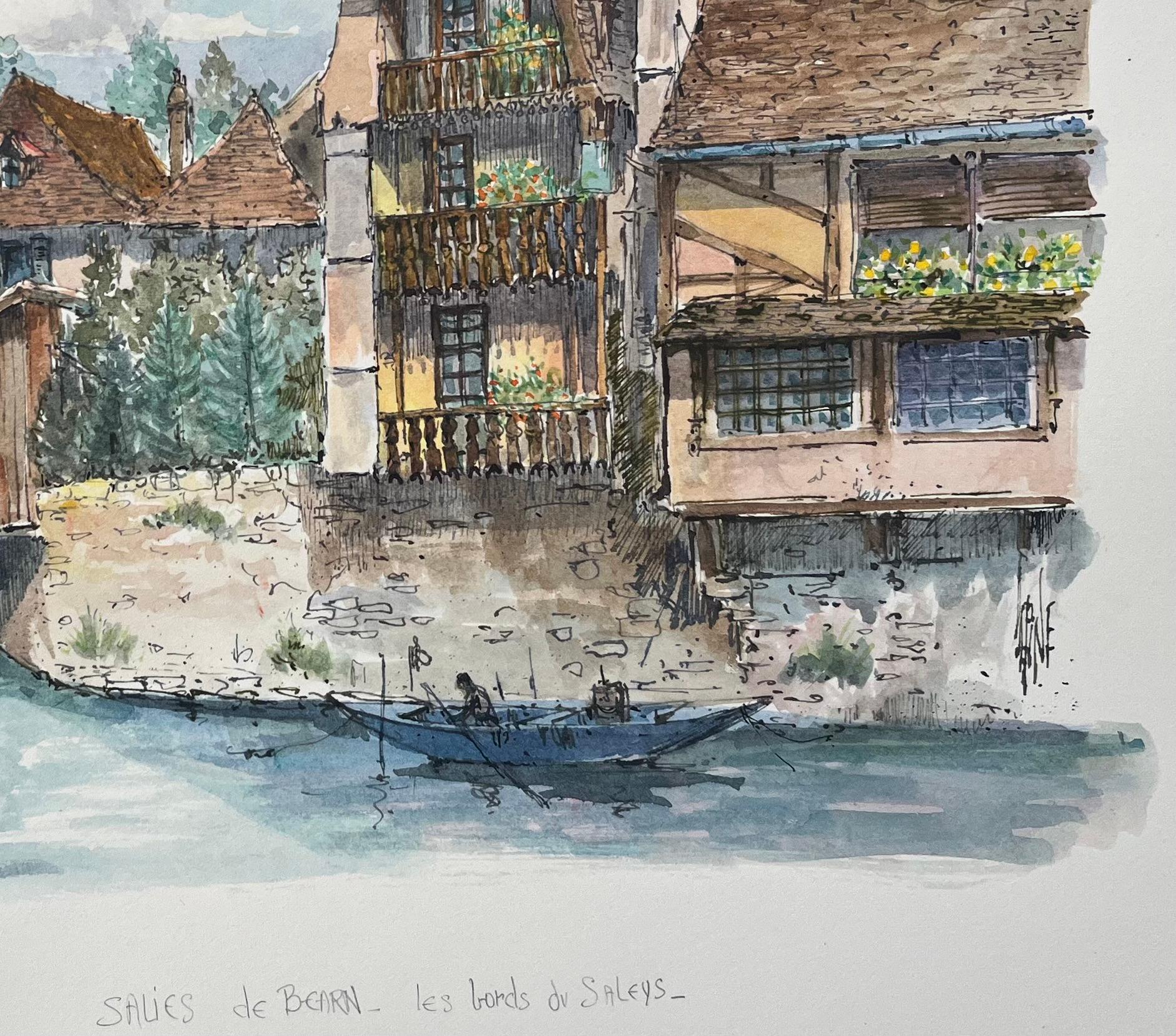Aquarelle française de Salies-de-Béarn, Les Bords de Saleys - École française Painting par Robert Lepine (1929 - 2017)