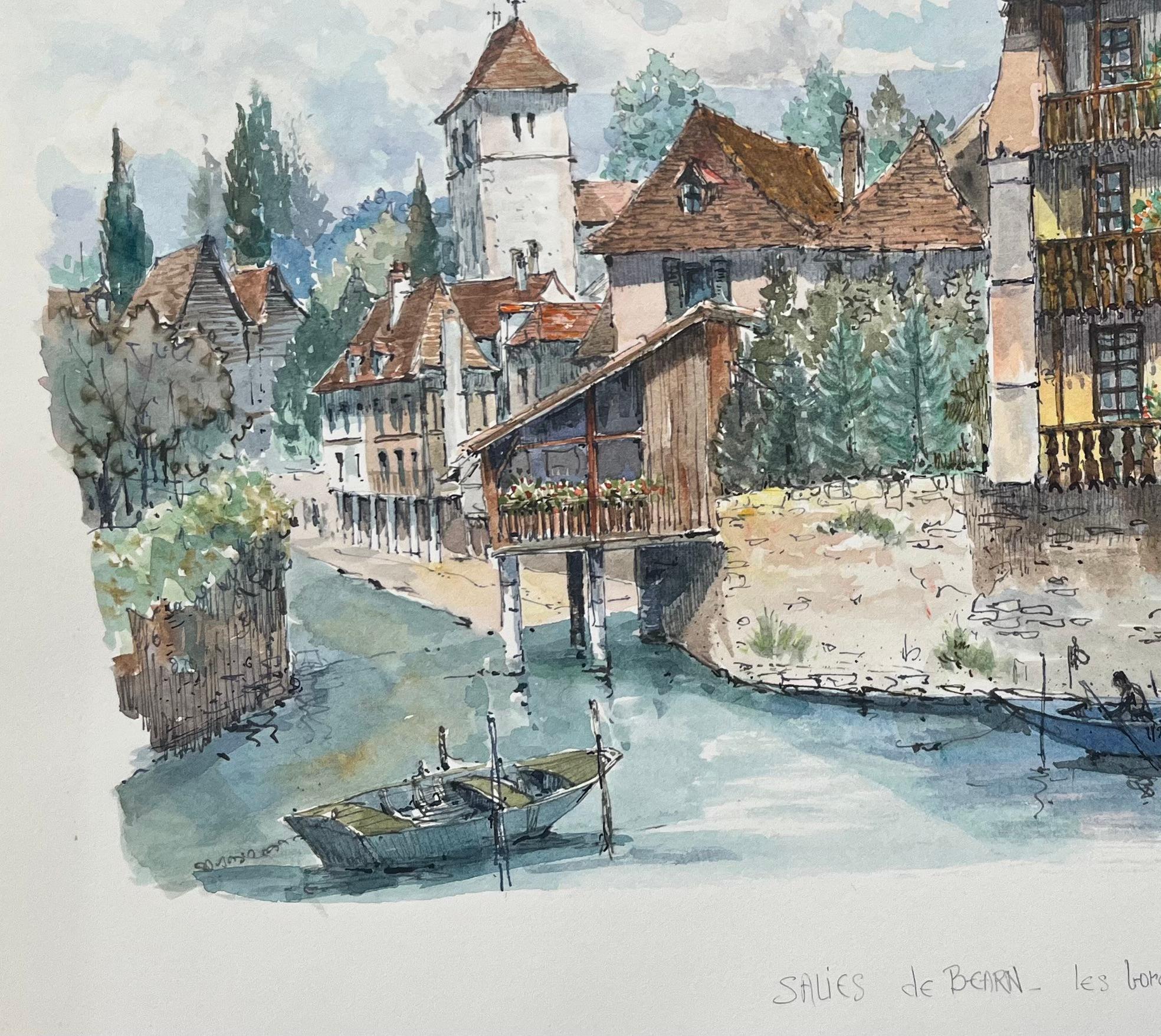 Aquarelle française de Salies-de-Béarn, Les Bords de Saleys - Gris Landscape Painting par Robert Lepine (1929 - 2017)
