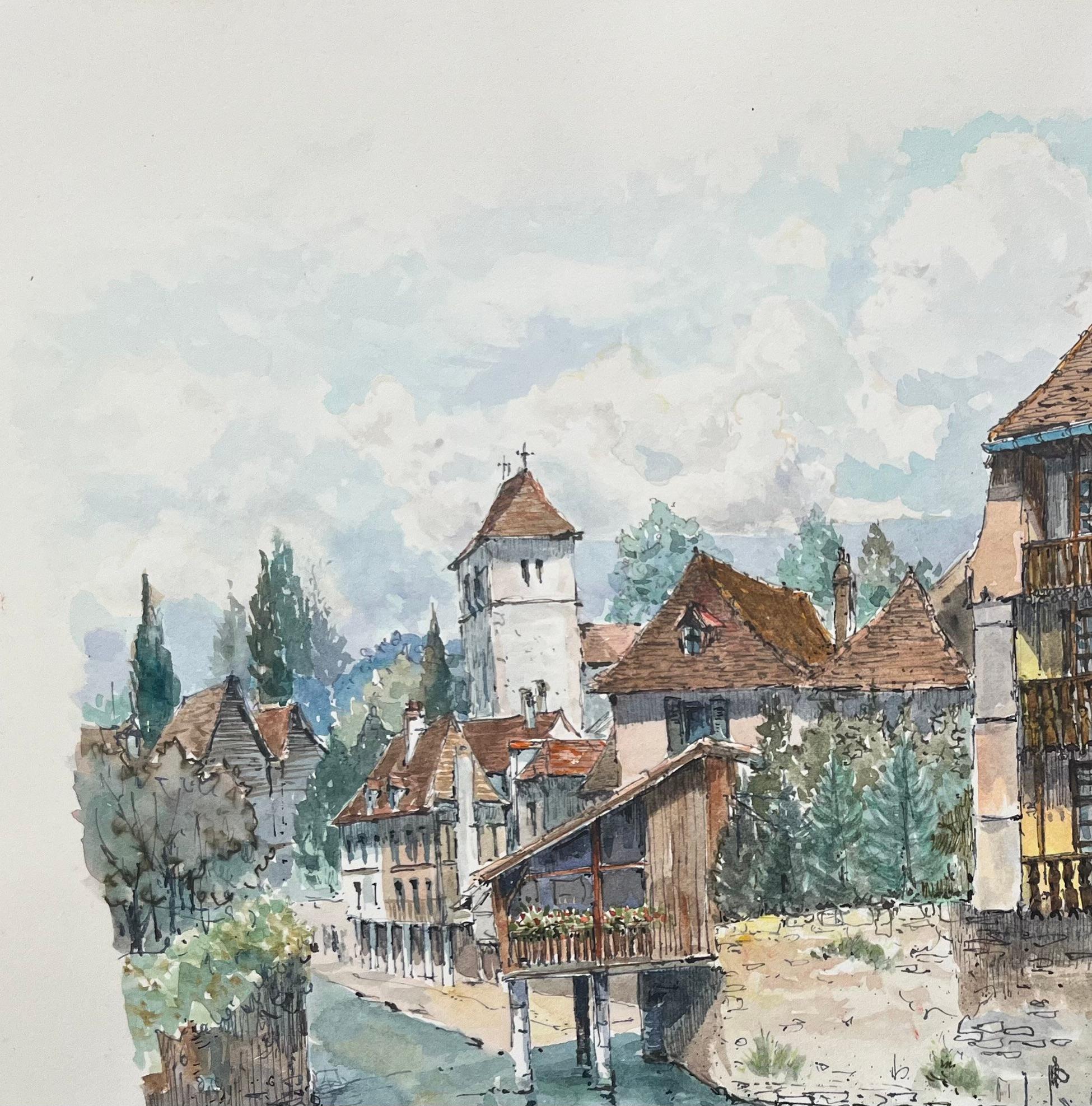 Aquarelle française de Salies-de-Béarn, Les Bords de Saleys en vente 1