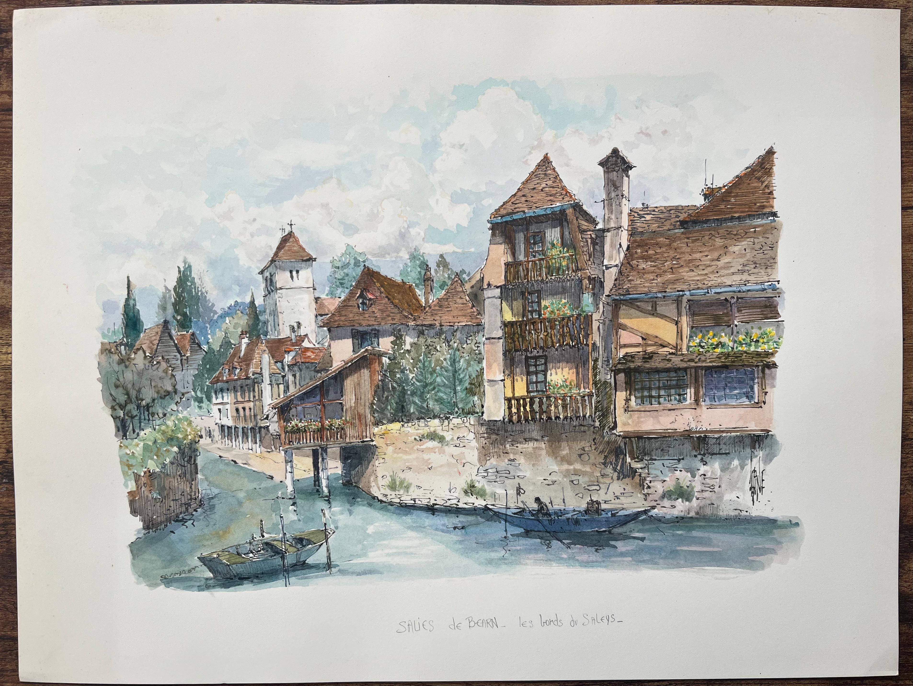 Aquarelle française de Salies-de-Béarn, Les Bords de Saleys - Painting de Robert Lepine (1929 - 2017)