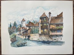 French Watercolor Painting of “Salies-de-Béarn, Les Bords de Saleys
